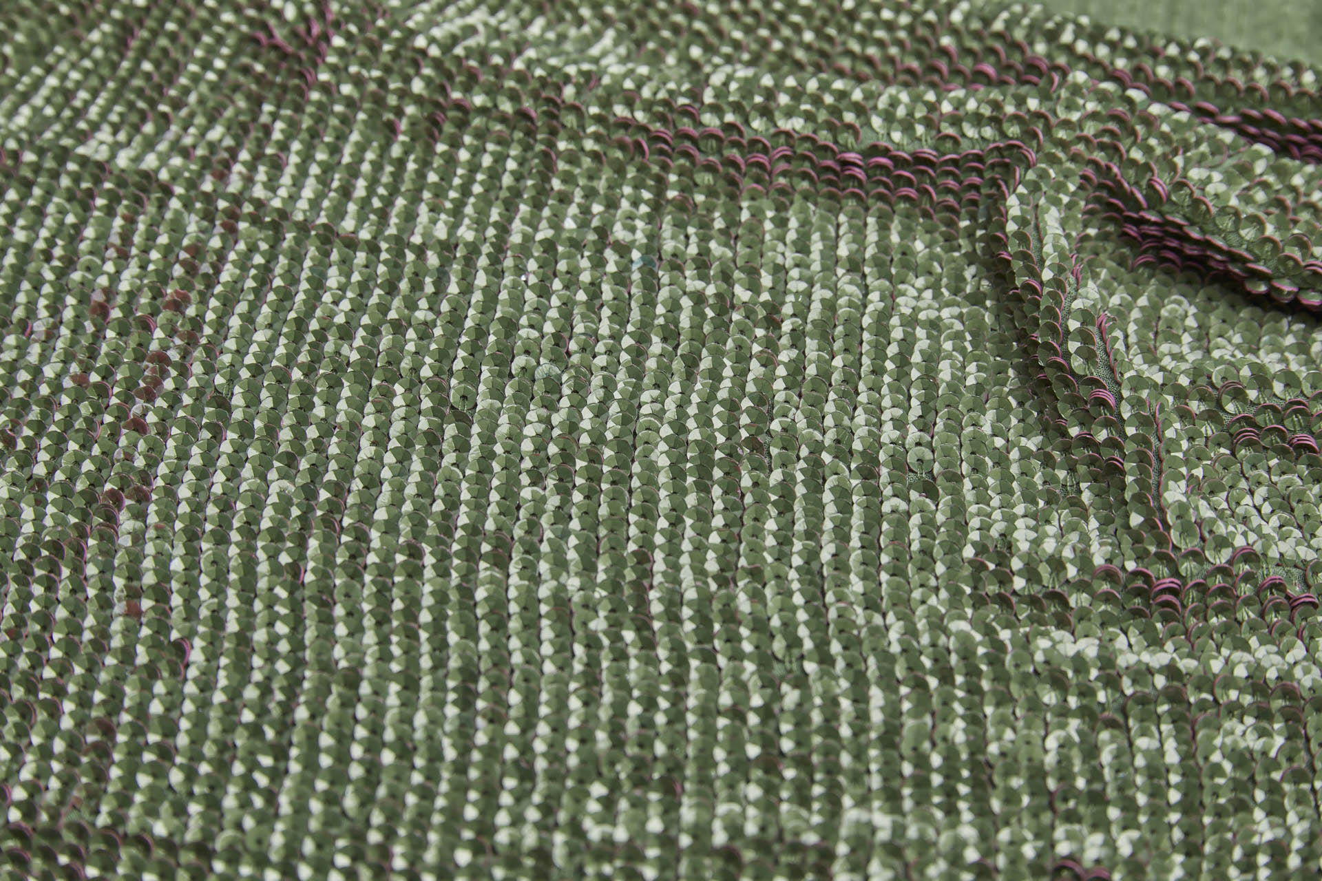 "Two Tone" Overlapping Edge Coloured Sequin On Silk Chiffon - Green/Pink fabric, image 9 of 12