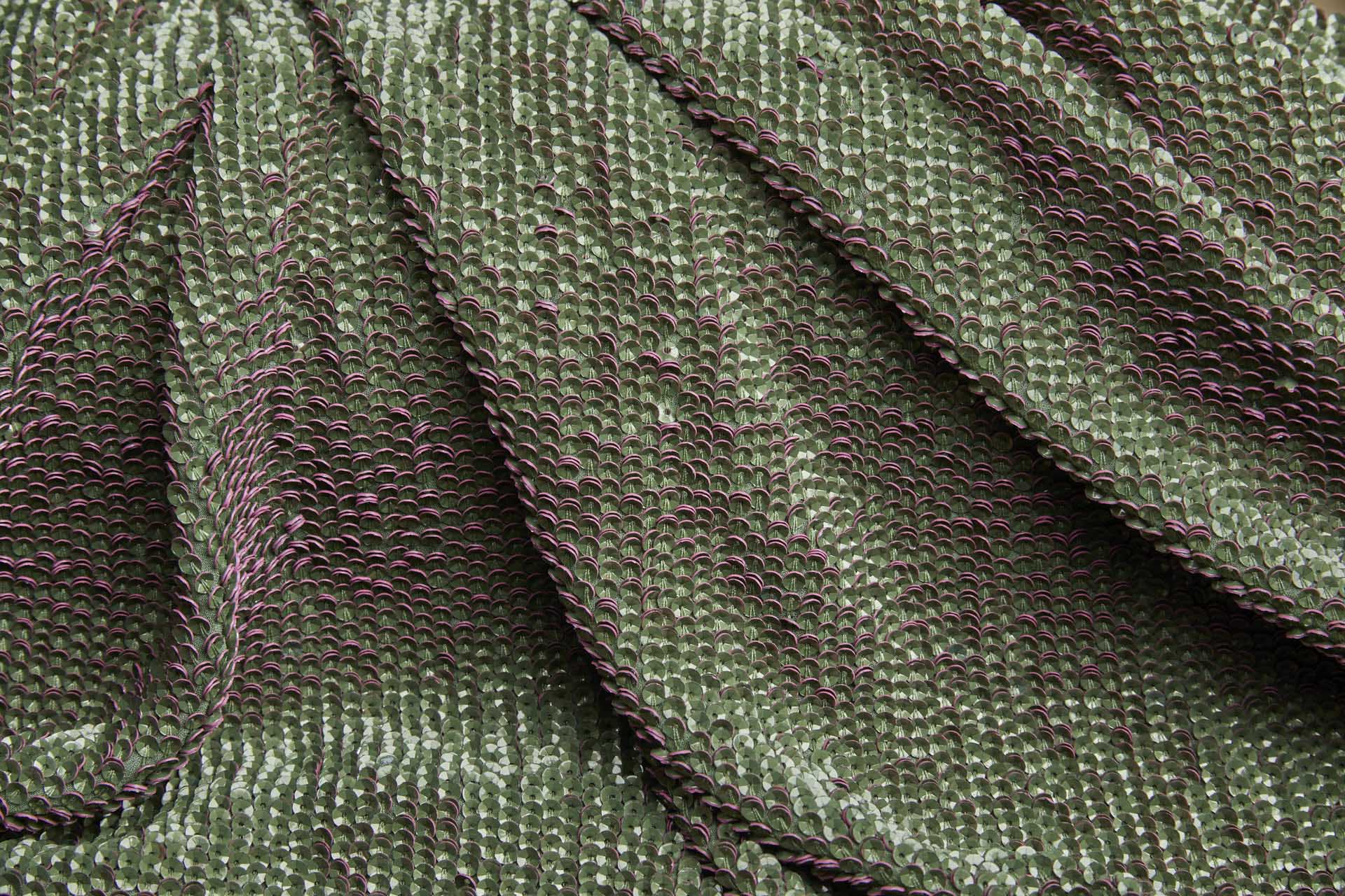 "Two Tone" Overlapping Edge Coloured Sequin On Silk Chiffon - Green/Pink fabric, image 10 of 12