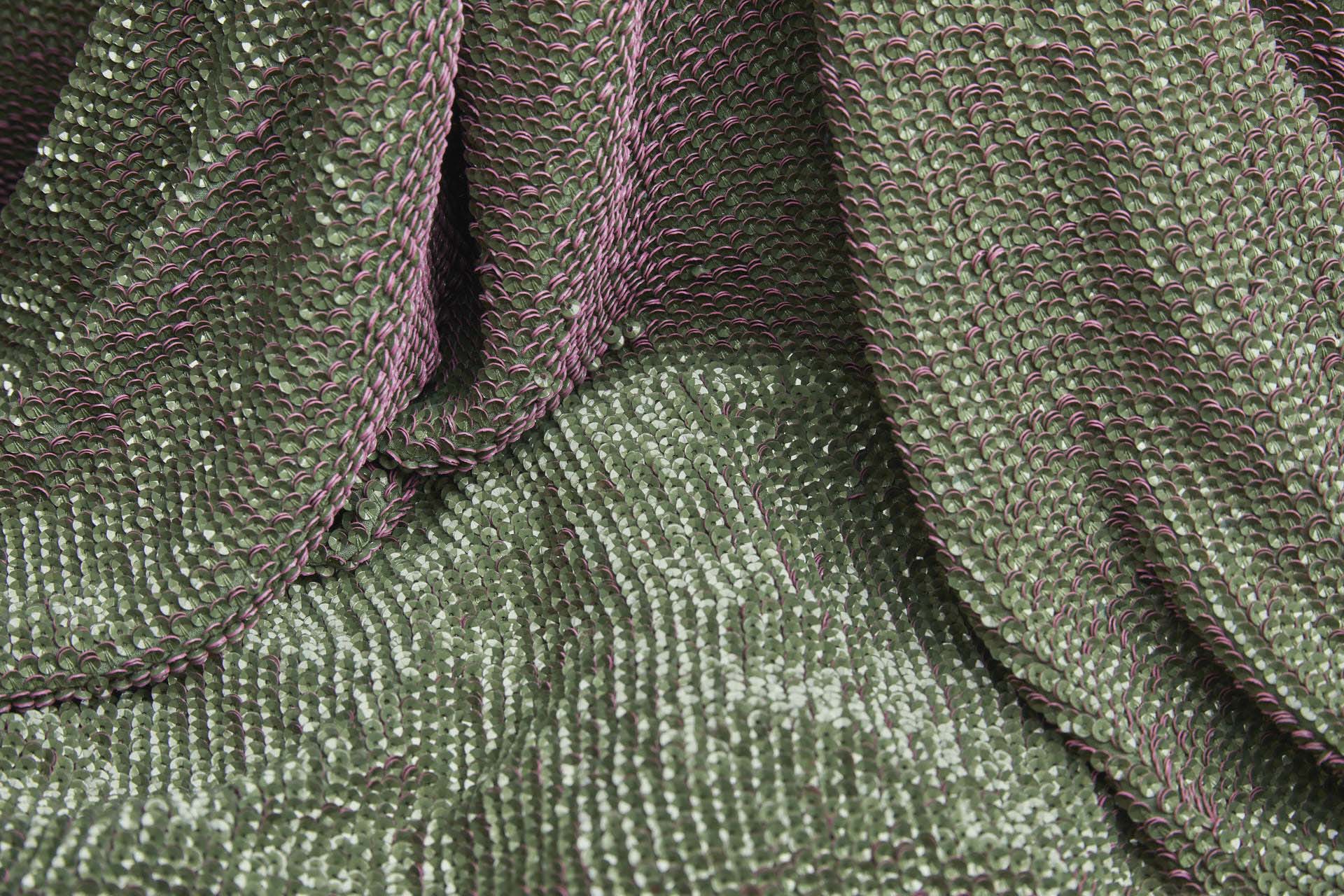 "Two Tone" Overlapping Edge Coloured Sequin On Silk Chiffon - Green/Pink fabric, image 11 of 12
