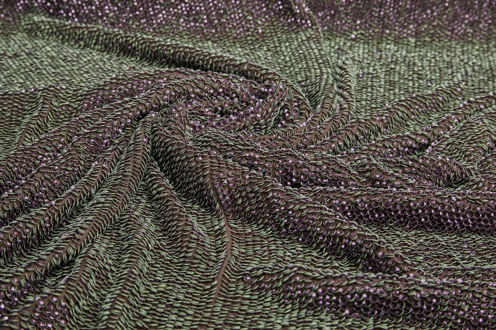 "Two Tone" Overlapping Edge Coloured Sequin On Silk Chiffon - Plum/Olive fabric, image 3 of 10