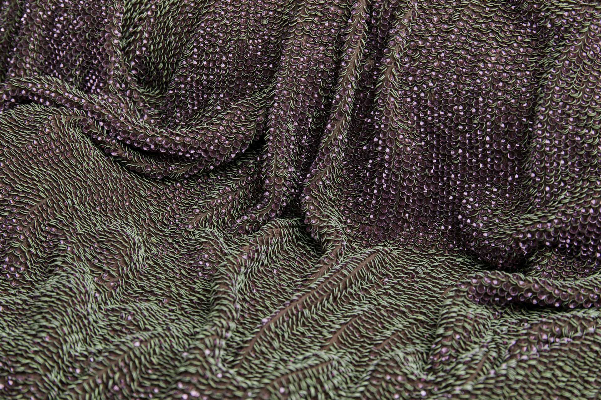 "Two Tone" Overlapping Edge Coloured Sequin On Silk Chiffon - Plum/Olive fabric, image 6 of 10