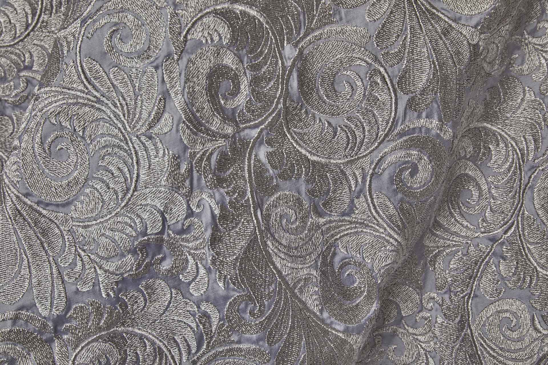 New Large Swirl Embroidered Dupion - Silver Metallic on Pale Grey fabric, image 2 of 6