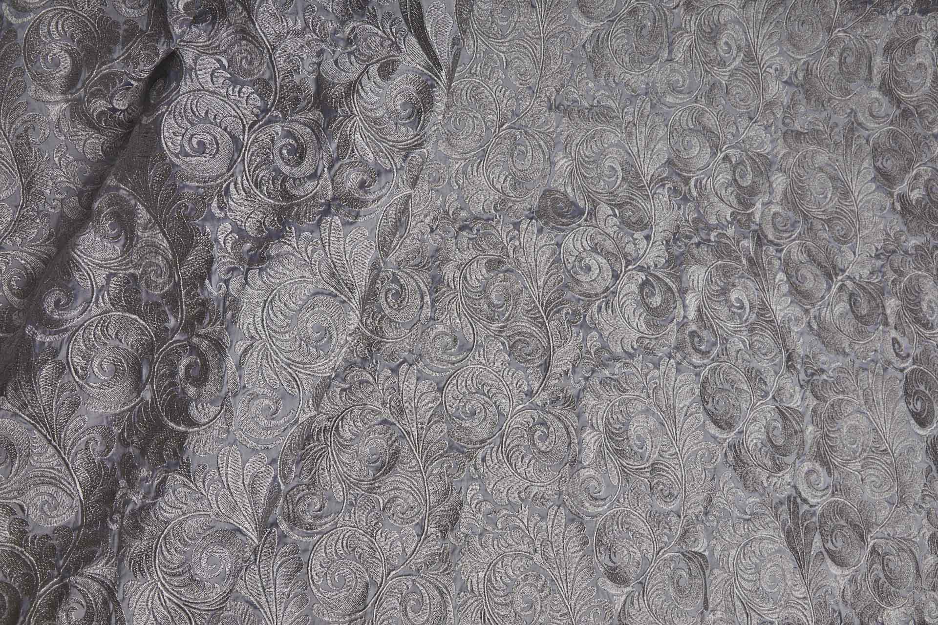 New Large Swirl Embroidered Dupion - Silver Metallic on Pale Grey fabric, image 3 of 6