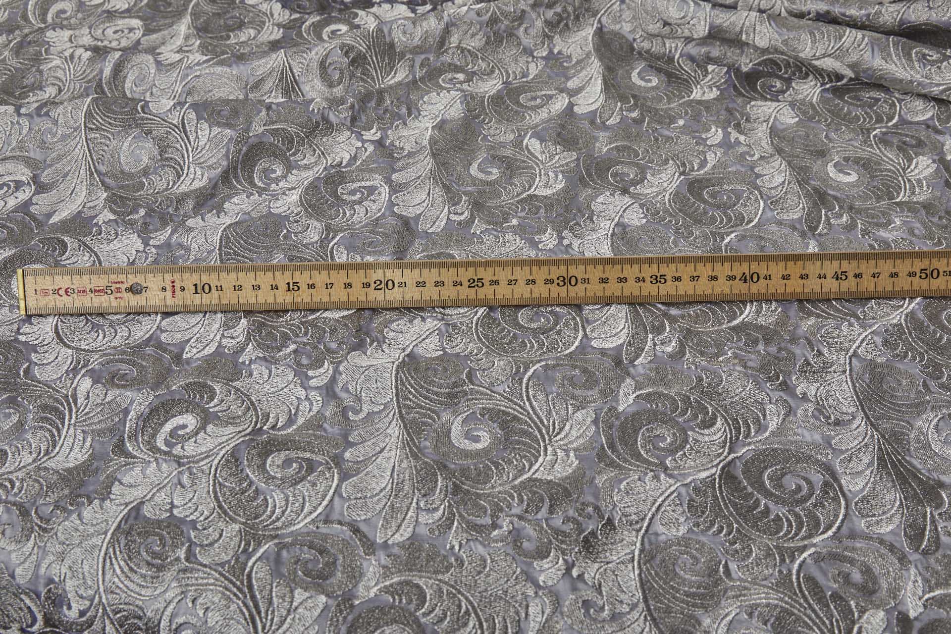 New Large Swirl Embroidered Dupion - Silver Metallic on Pale Grey fabric, image 4 of 6