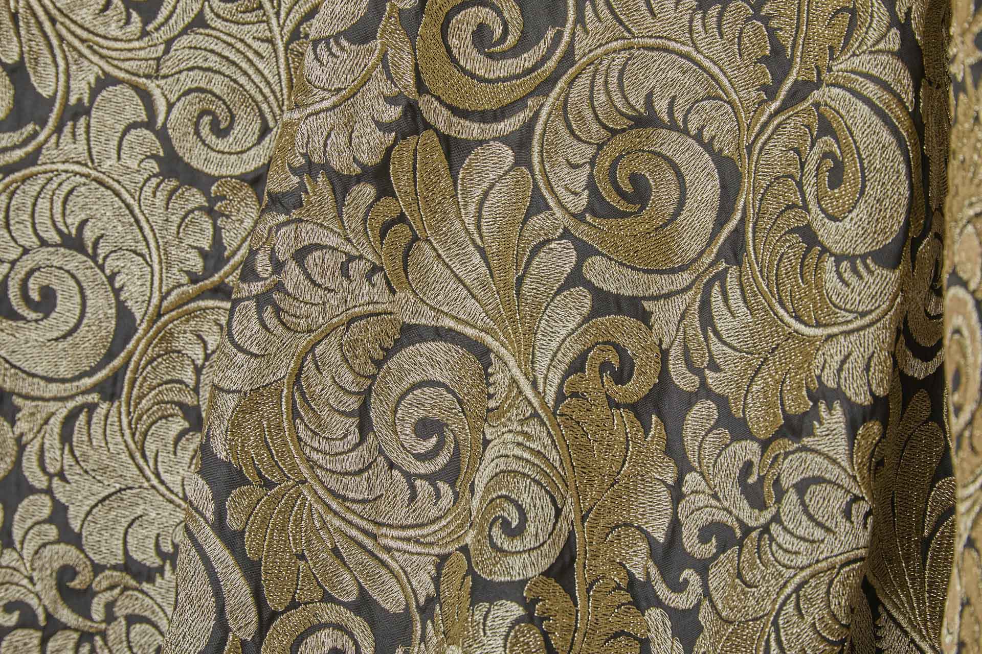 New Large Swirl Embroidered Dupion - Gold Metallic on Black fabric