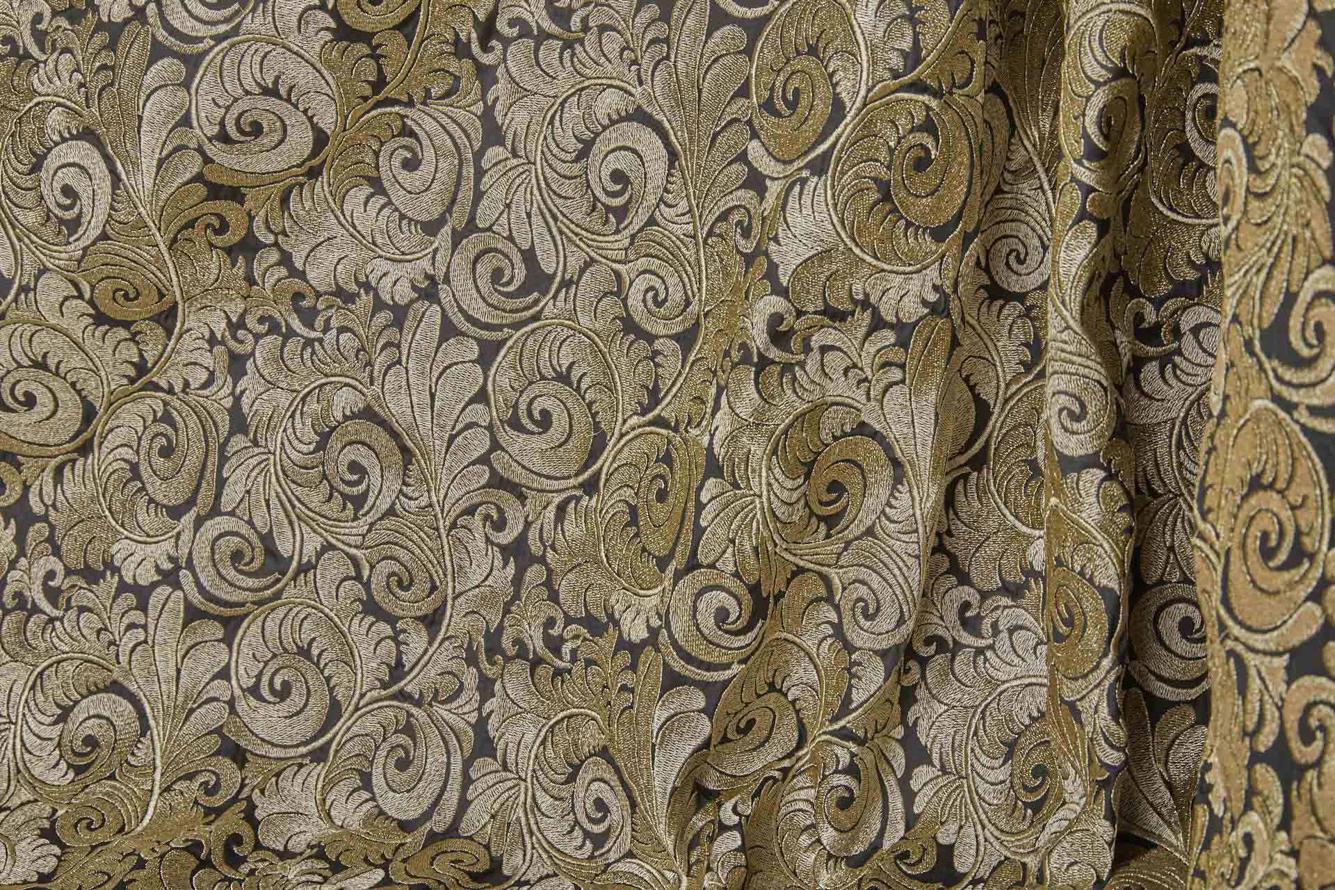 New Large Swirl Embroidered Dupion - Gold Metallic on Black fabric, image 3 of 4