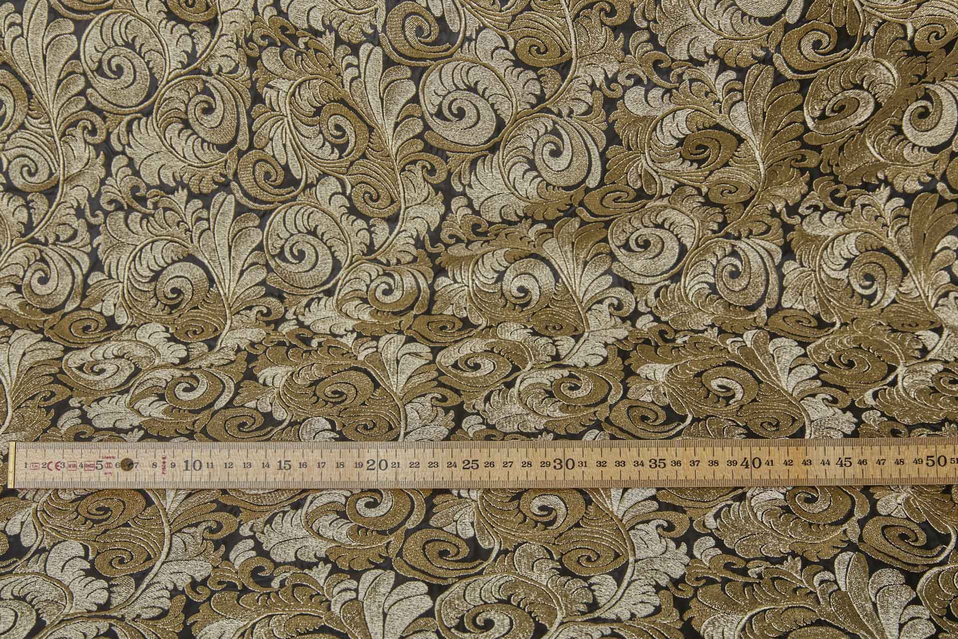 New Large Swirl Embroidered Dupion - Gold Metallic on Black fabric, image 4 of 4