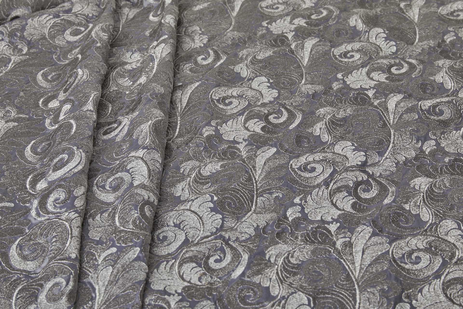 New Large Swirl Embroidered Dupion - Silver Metallic on Pale Grey fabric