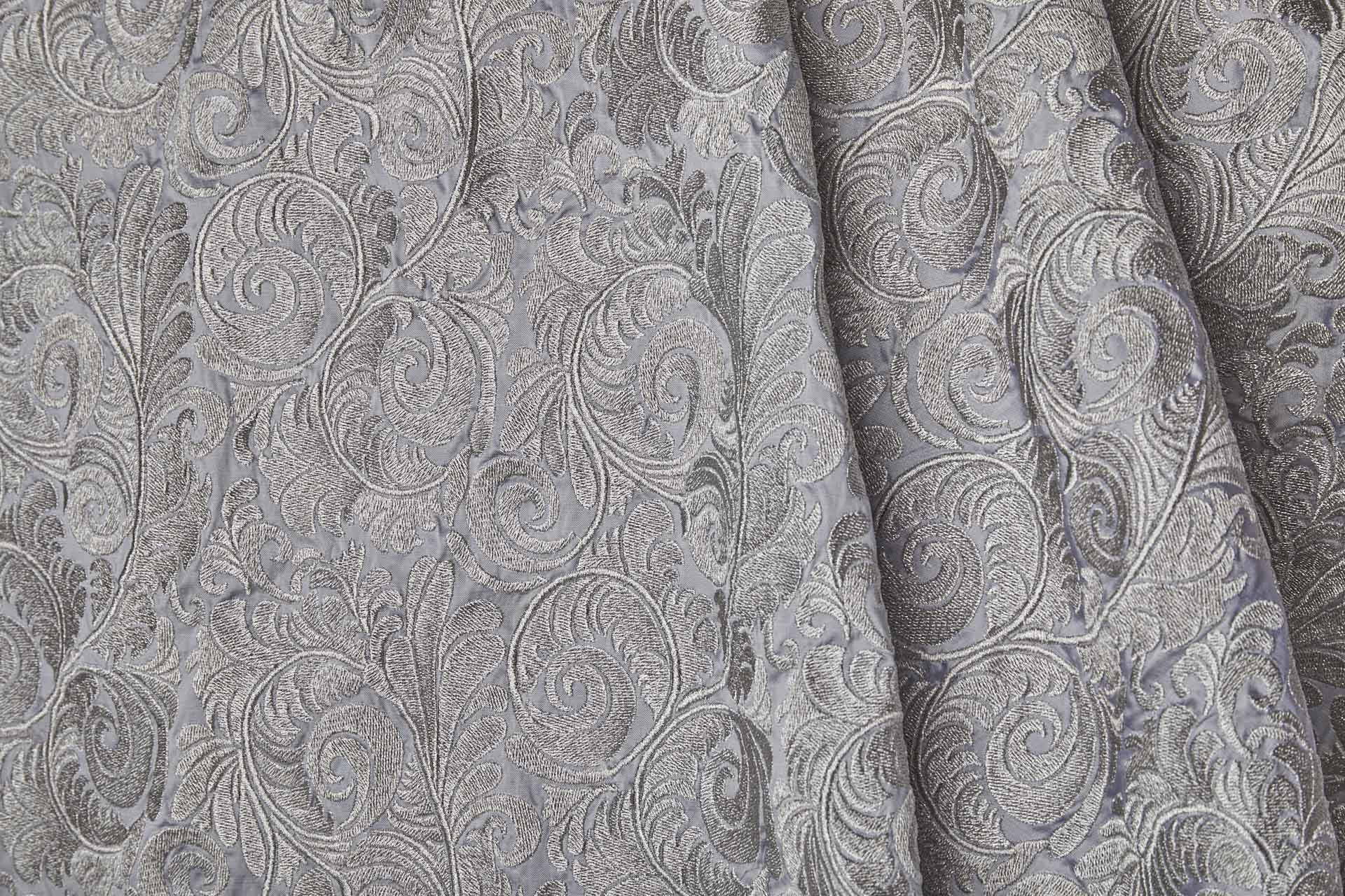 New Large Swirl Embroidered Dupion - Silver Metallic on Pale Grey fabric, image 5 of 6