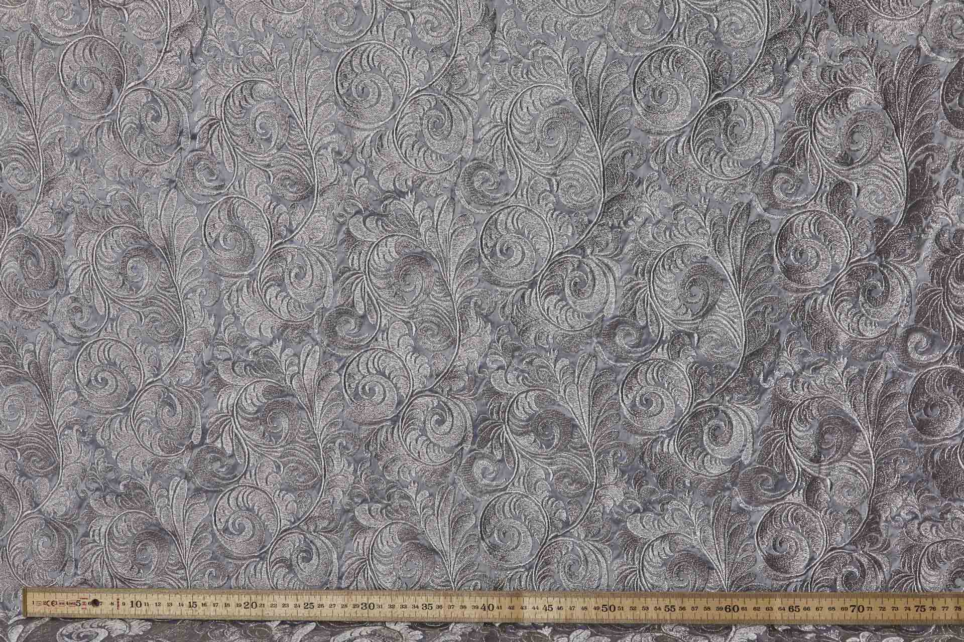 New Large Swirl Embroidered Dupion - Silver Metallic on Pale Grey fabric, image 6 of 6