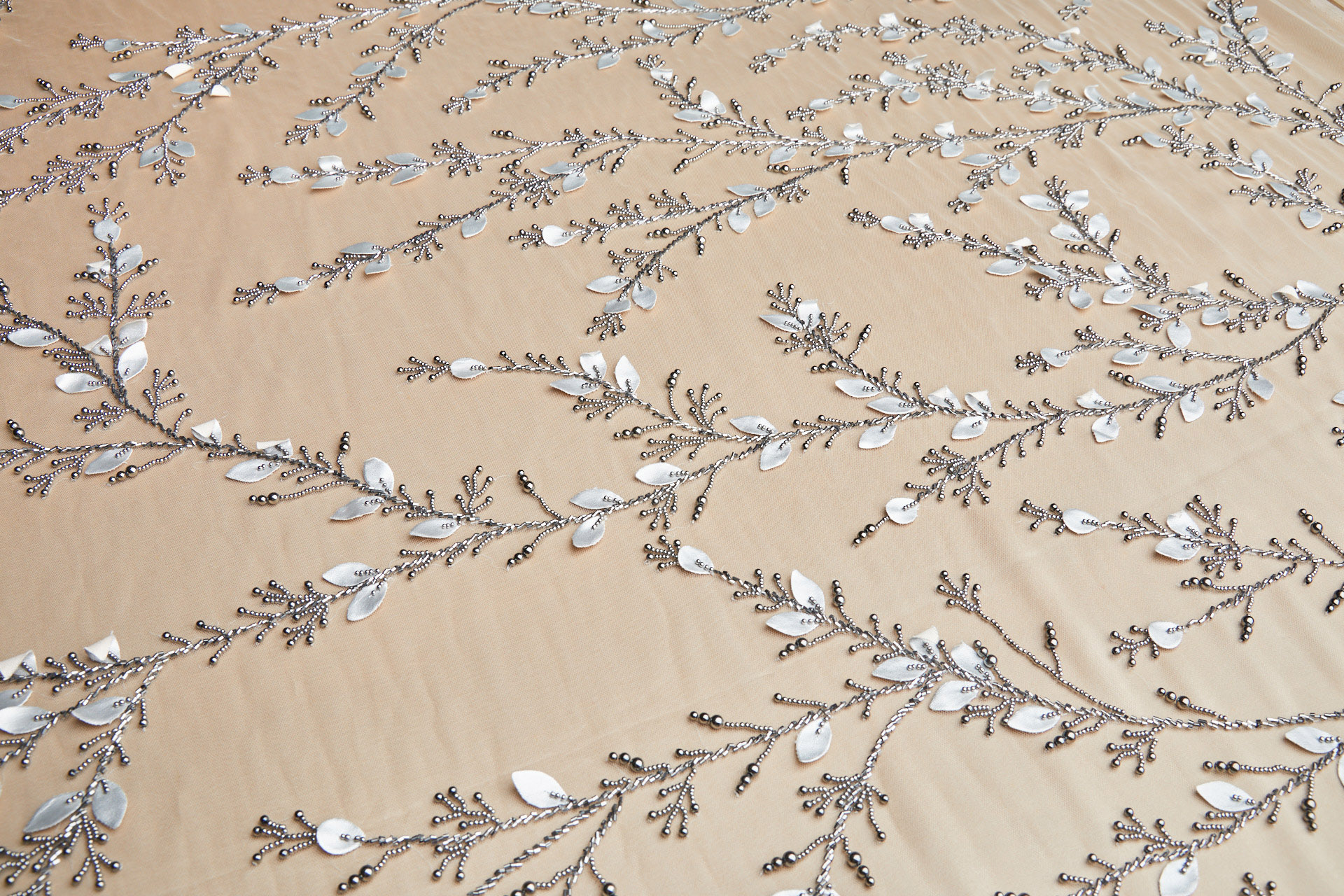 Greyish Nude Tulle with Gunmetal Vine Beading fabric, image 9 of 10
