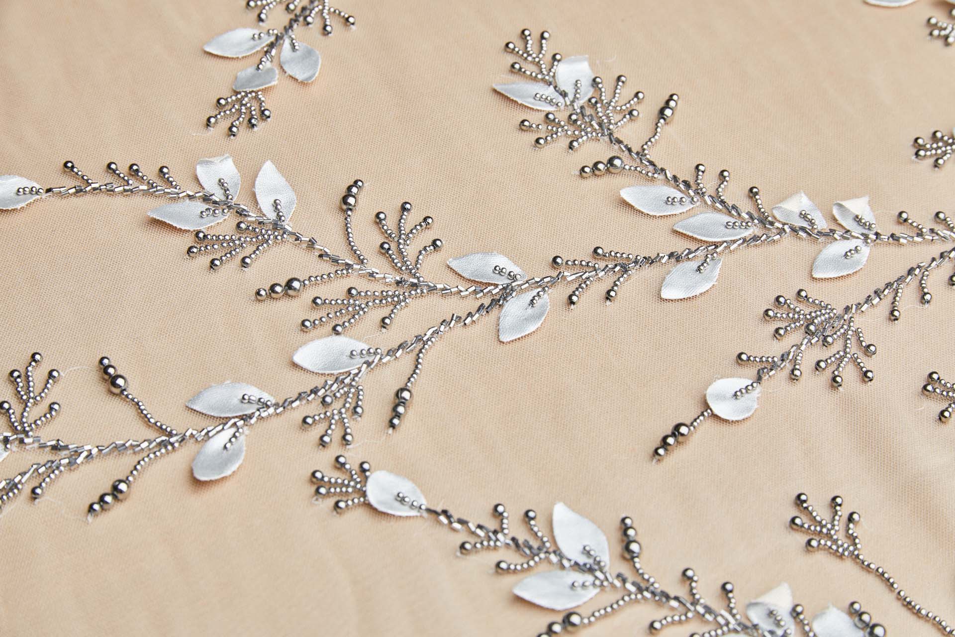 Greyish Nude Tulle with Gunmetal Vine Beading fabric, image 4 of 10