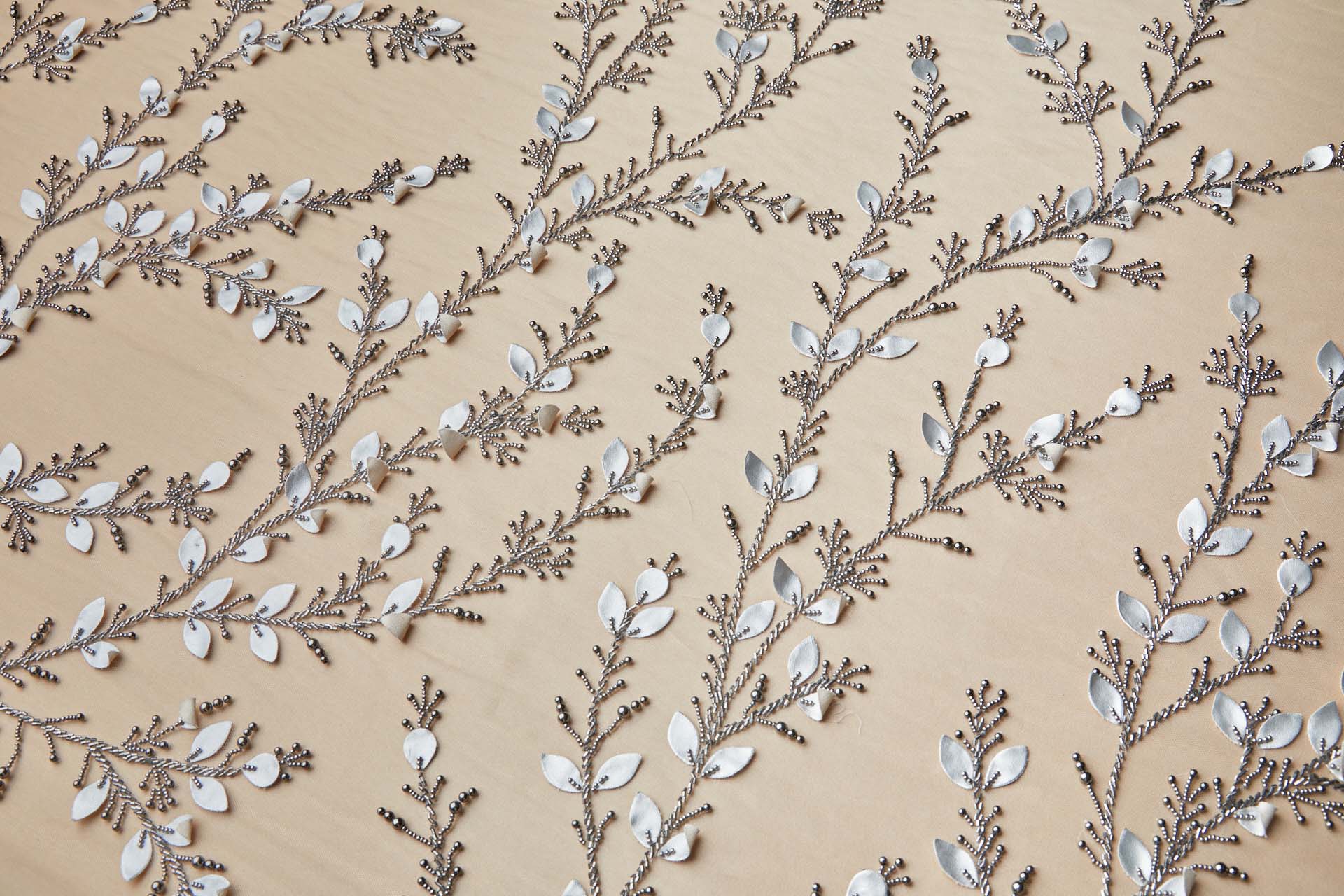 Greyish Nude Tulle with Gunmetal Vine Beading fabric, image 5 of 10