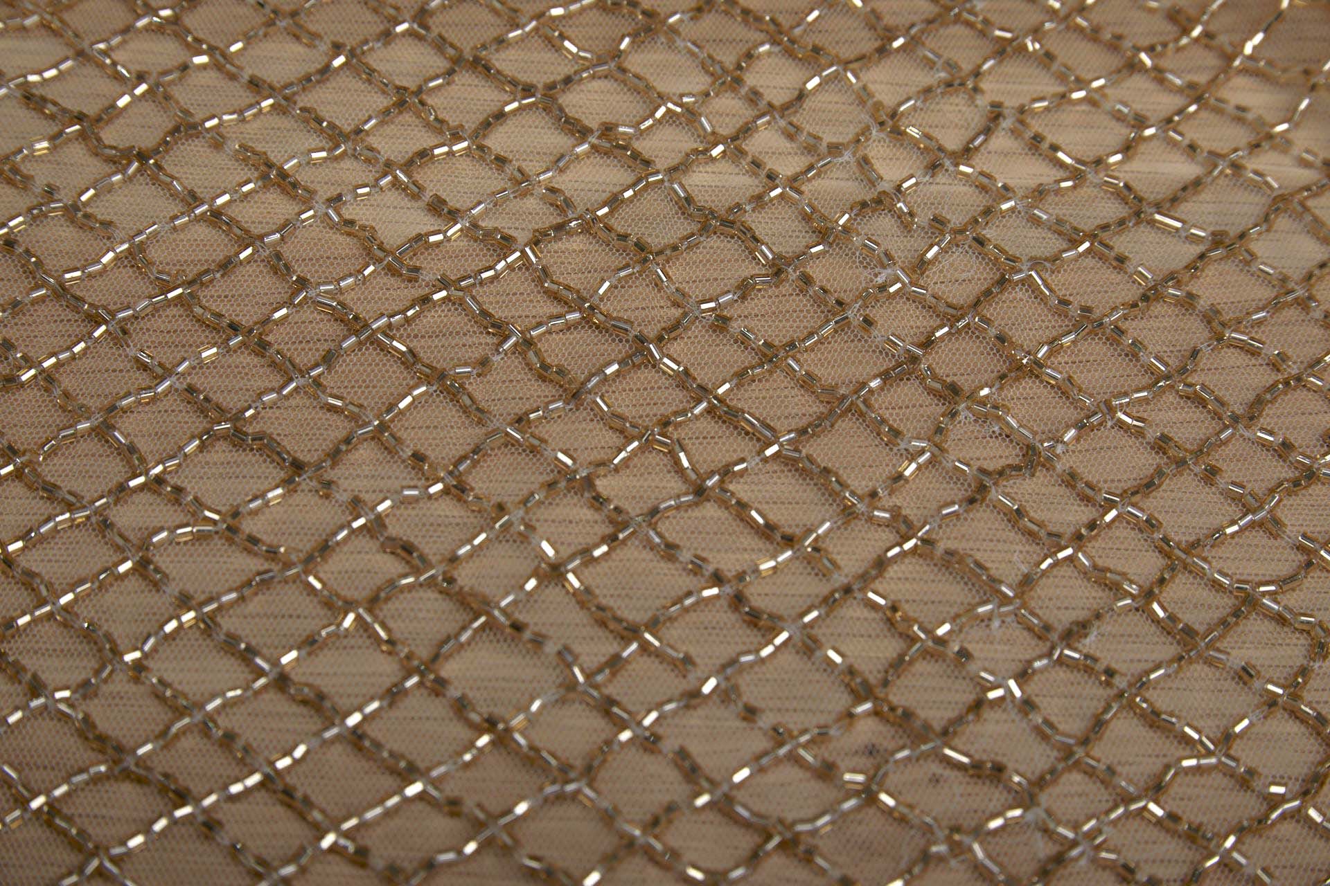 Beaded Fishnet Design on Tulle - Gold fabric, image 2 of 11