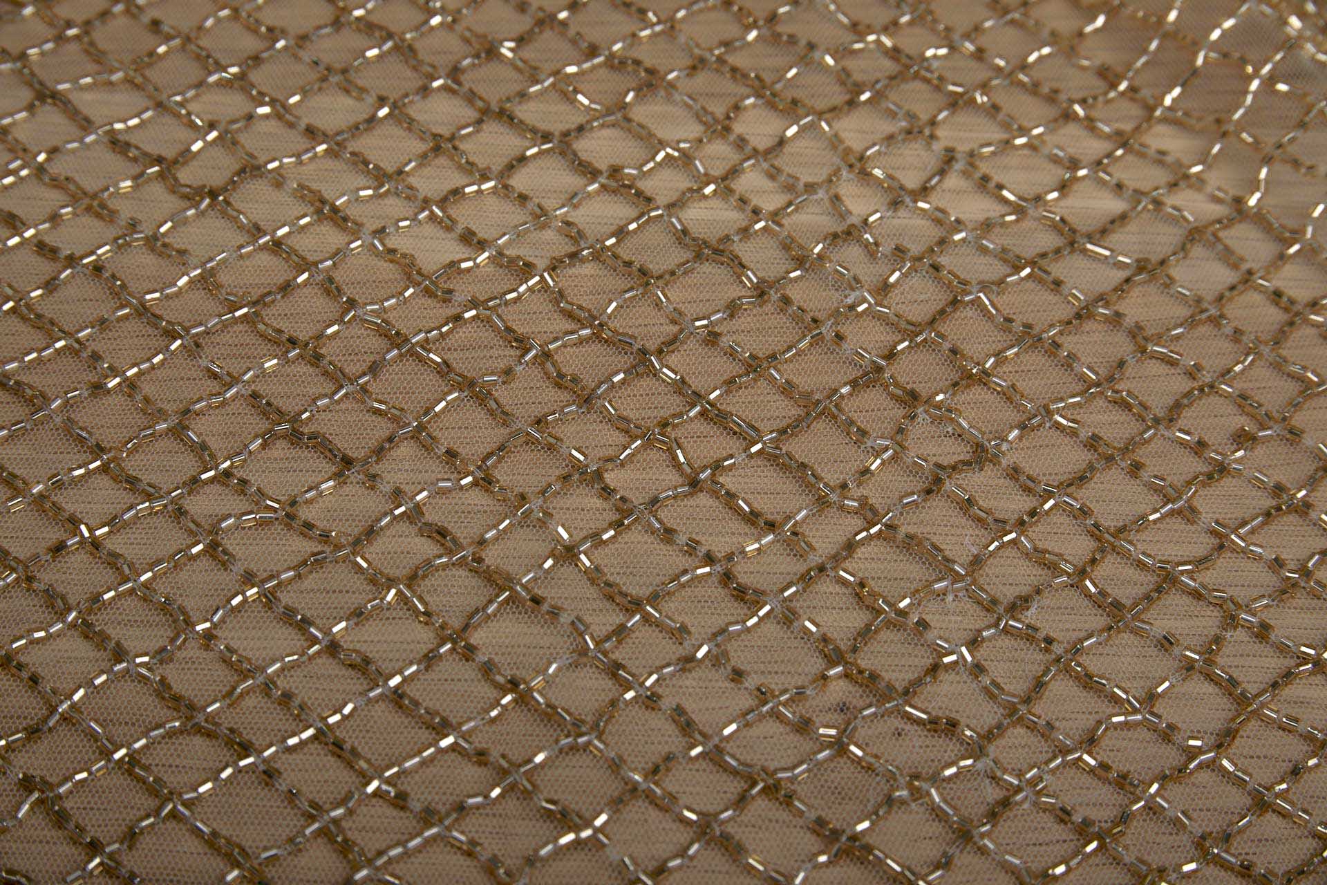 Beaded Fishnet Design on Tulle - Gold fabric, image 3 of 11