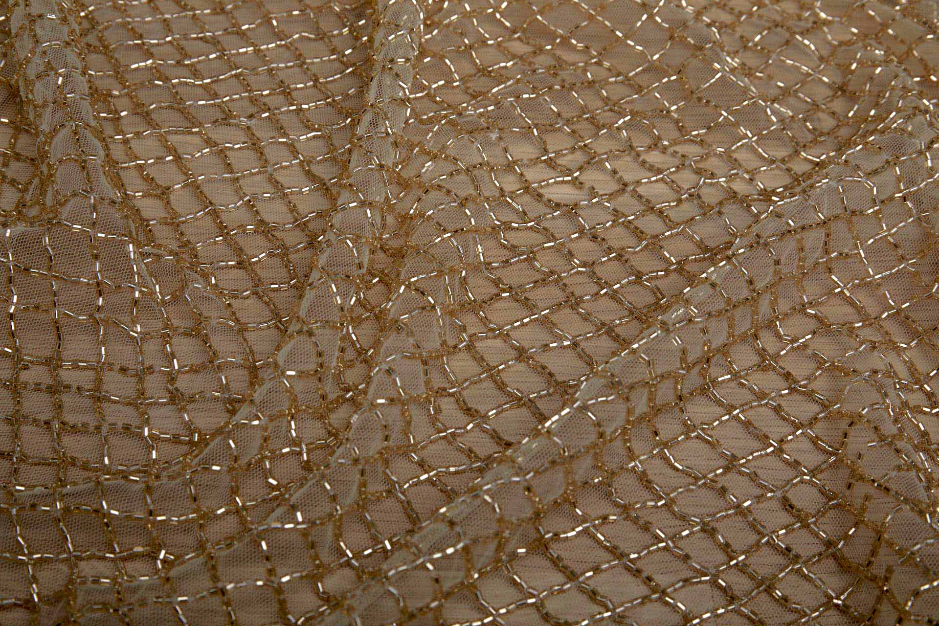 Beaded Fishnet Design on Tulle - Gold fabric, image 4 of 11