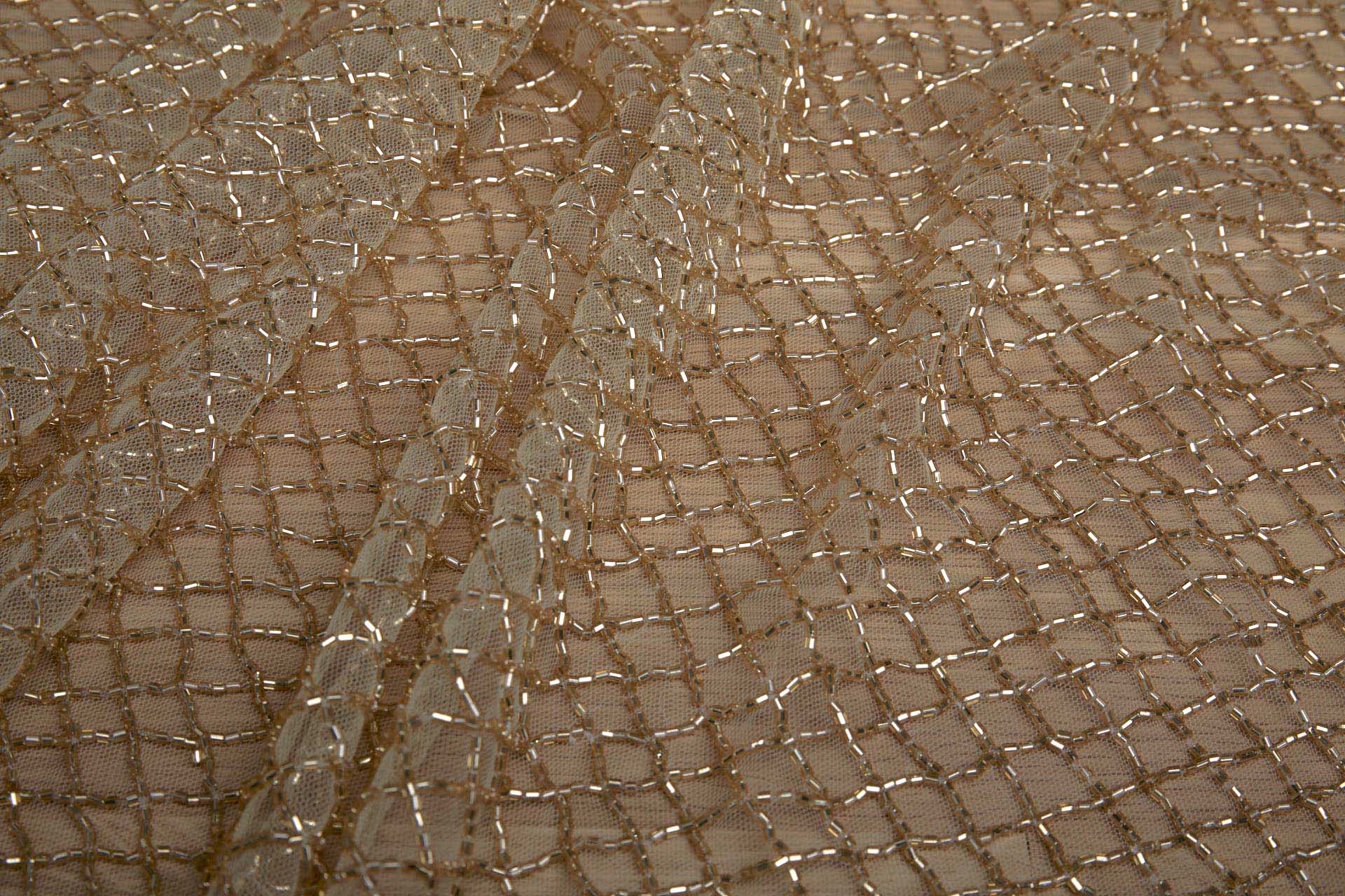 Beaded Fishnet Design on Tulle - Gold fabric, image 5 of 11