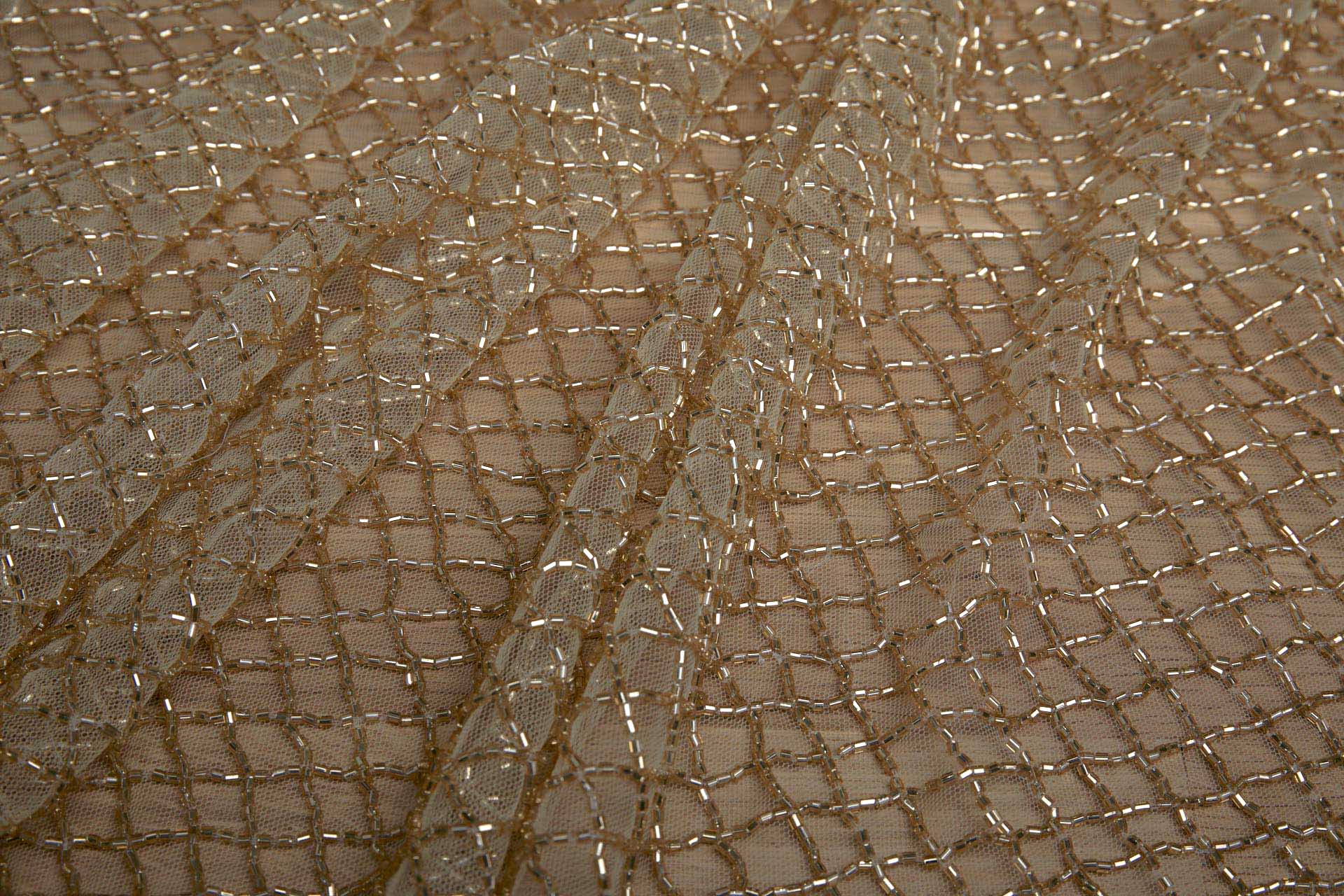 Beaded Fishnet Design on Tulle - Gold fabric, image 6 of 11