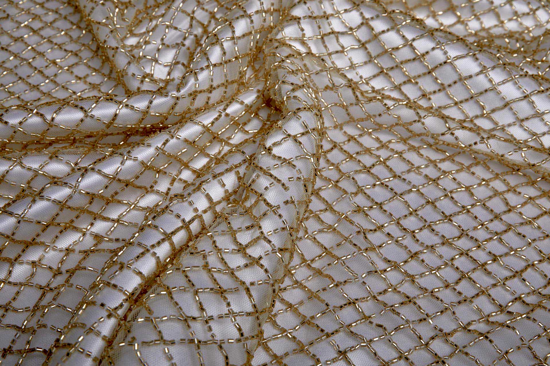 Beaded Fishnet Design on Tulle - Gold fabric, image 8 of 11