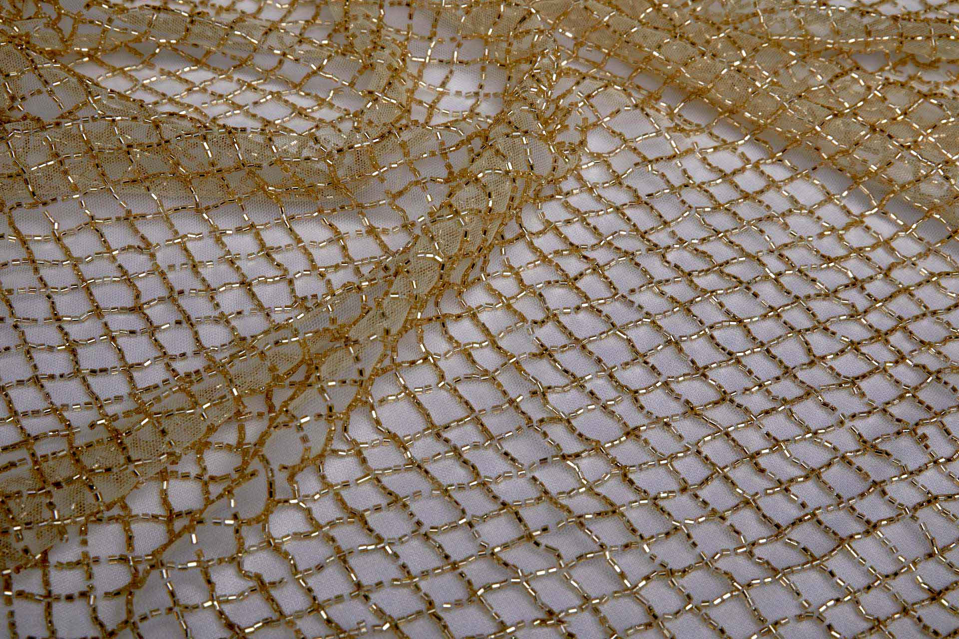 Beaded Fishnet Design on Tulle - Gold fabric, image 9 of 11