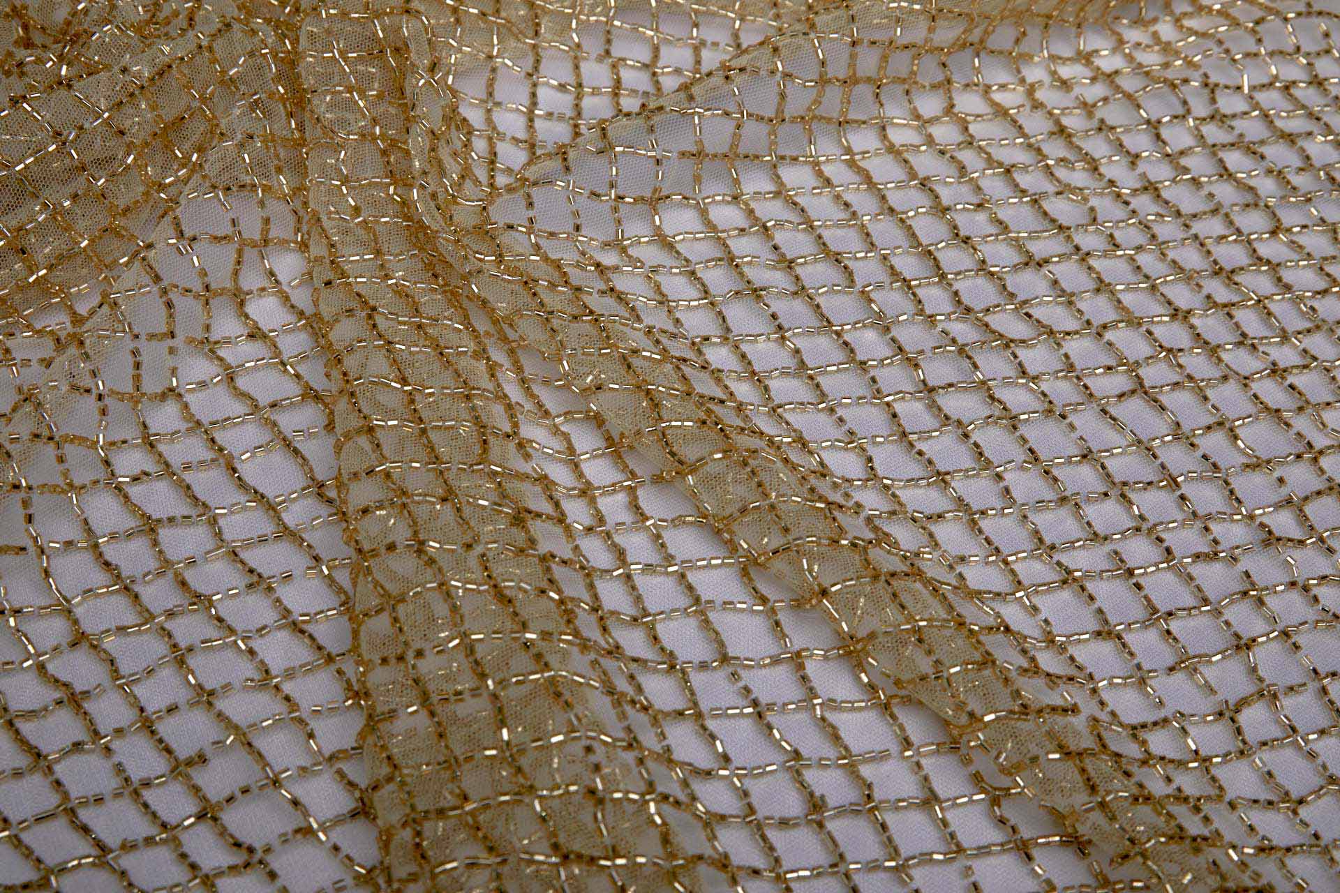 Beaded Fishnet Design on Tulle - Gold fabric, image 10 of 11