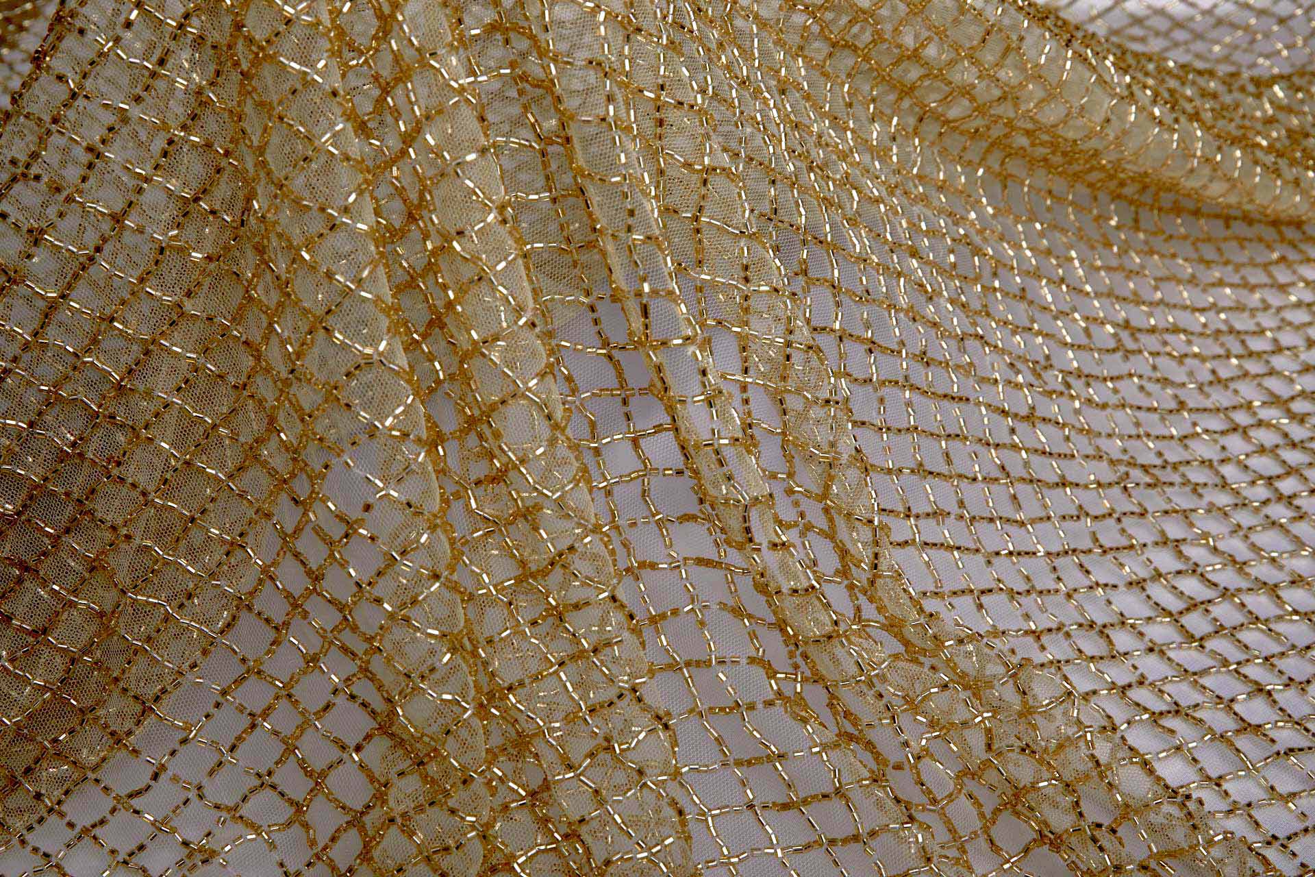 Beaded Fishnet Design on Tulle - Gold fabric