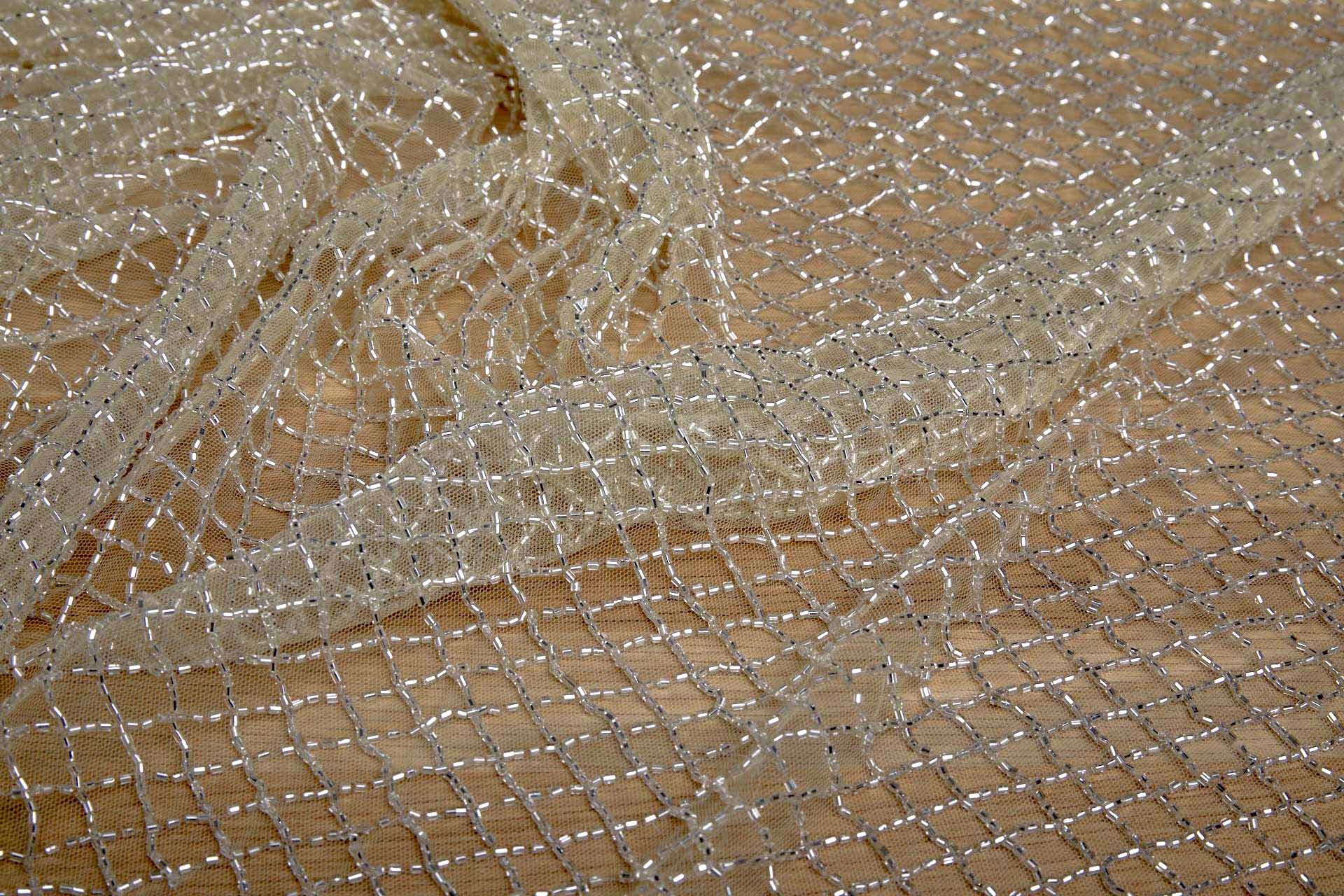 Beaded Fishnet Design on Tulle - Silver fabric