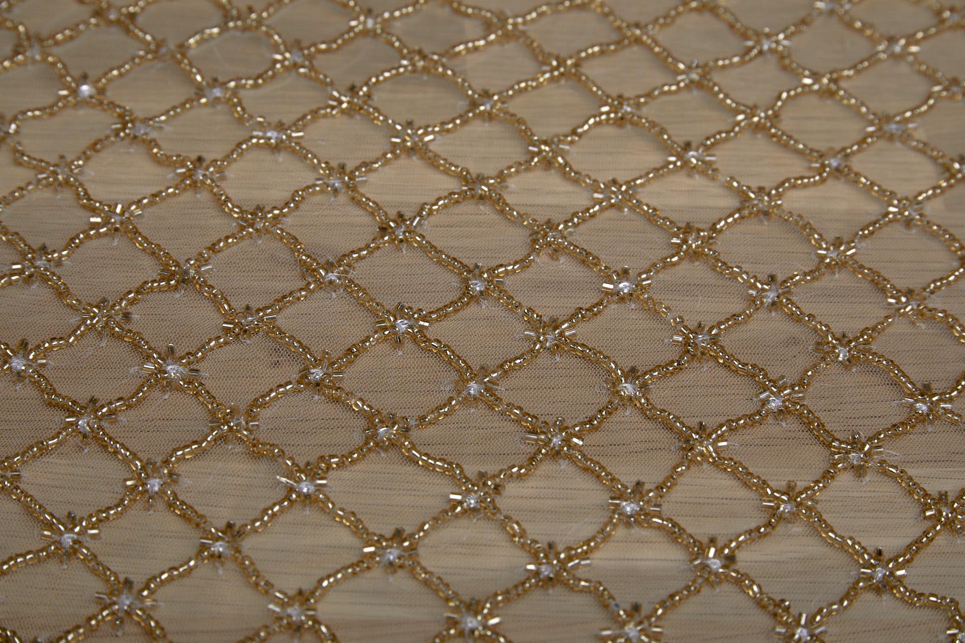 BACK IN STOCK - Beaded Large Fishnet Design on Tulle - Gold fabric