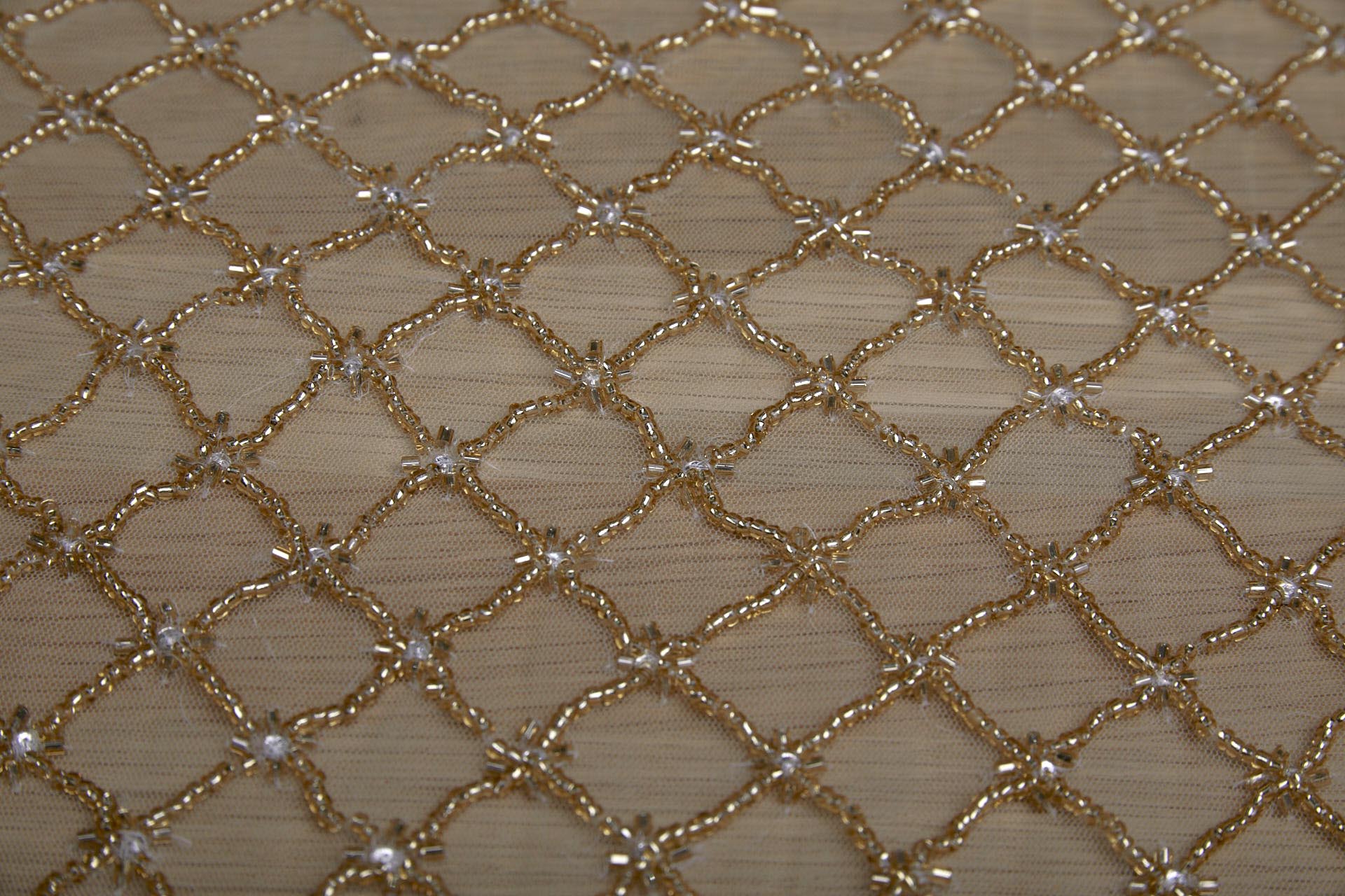 BACK IN STOCK - Beaded Large Fishnet Design on Tulle - Gold fabric, image 2 of 5