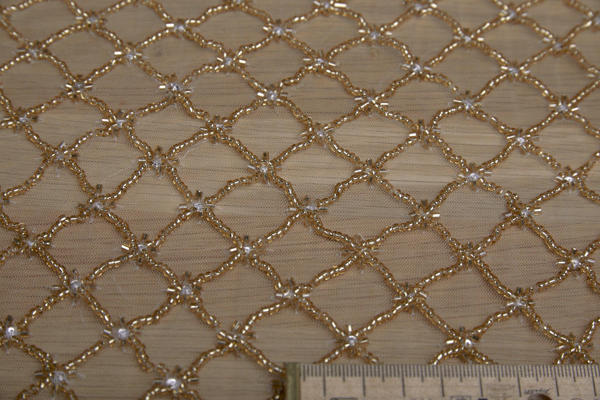 BACK IN STOCK - Beaded Large Fishnet Design on Tulle - Gold fabric, image 3 of 5