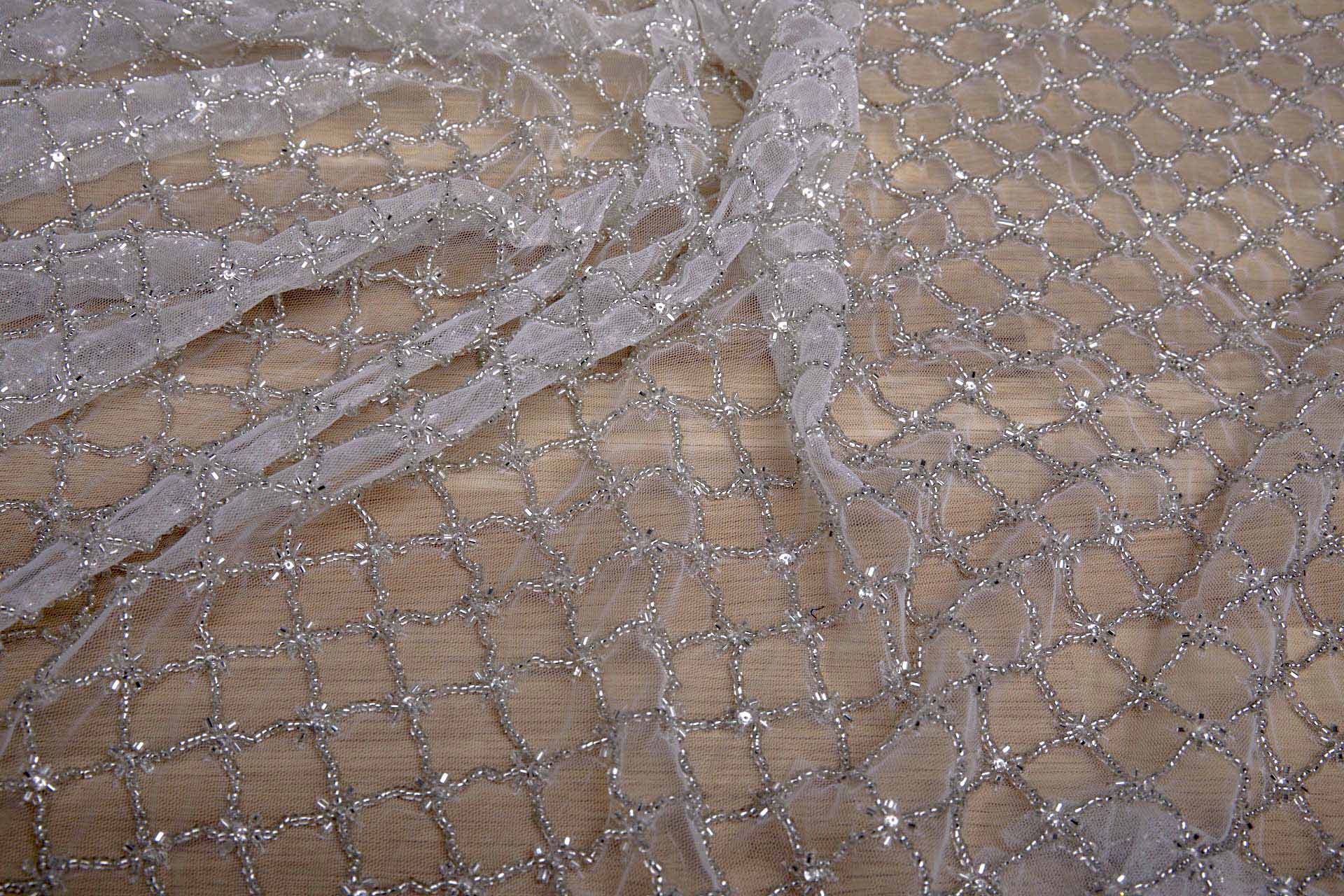 Beaded Large Fishnet Design on Tulle - Silver fabric, image 2 of 11