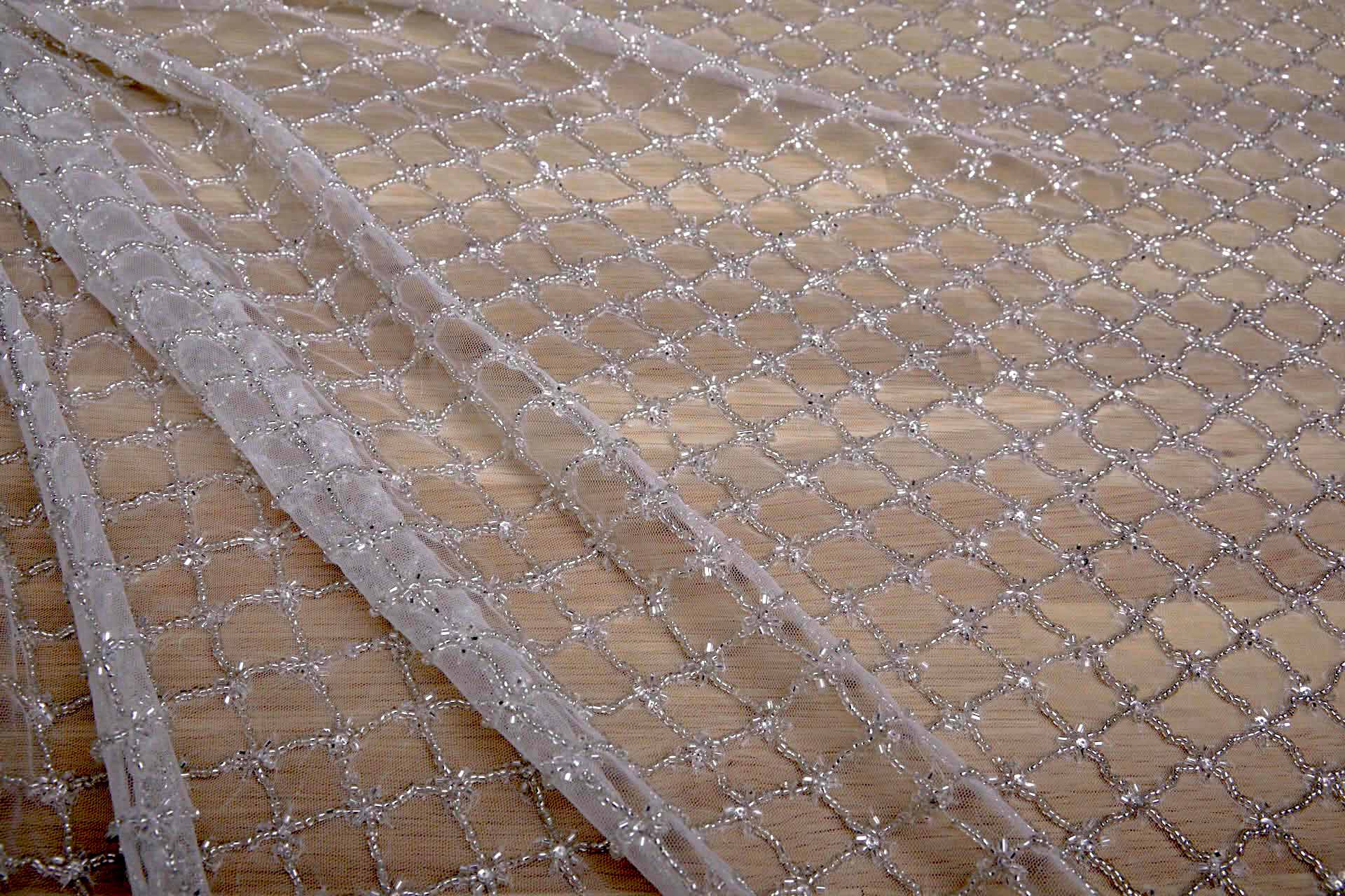 Beaded Large Fishnet Design on Tulle - Silver fabric, image 5 of 11