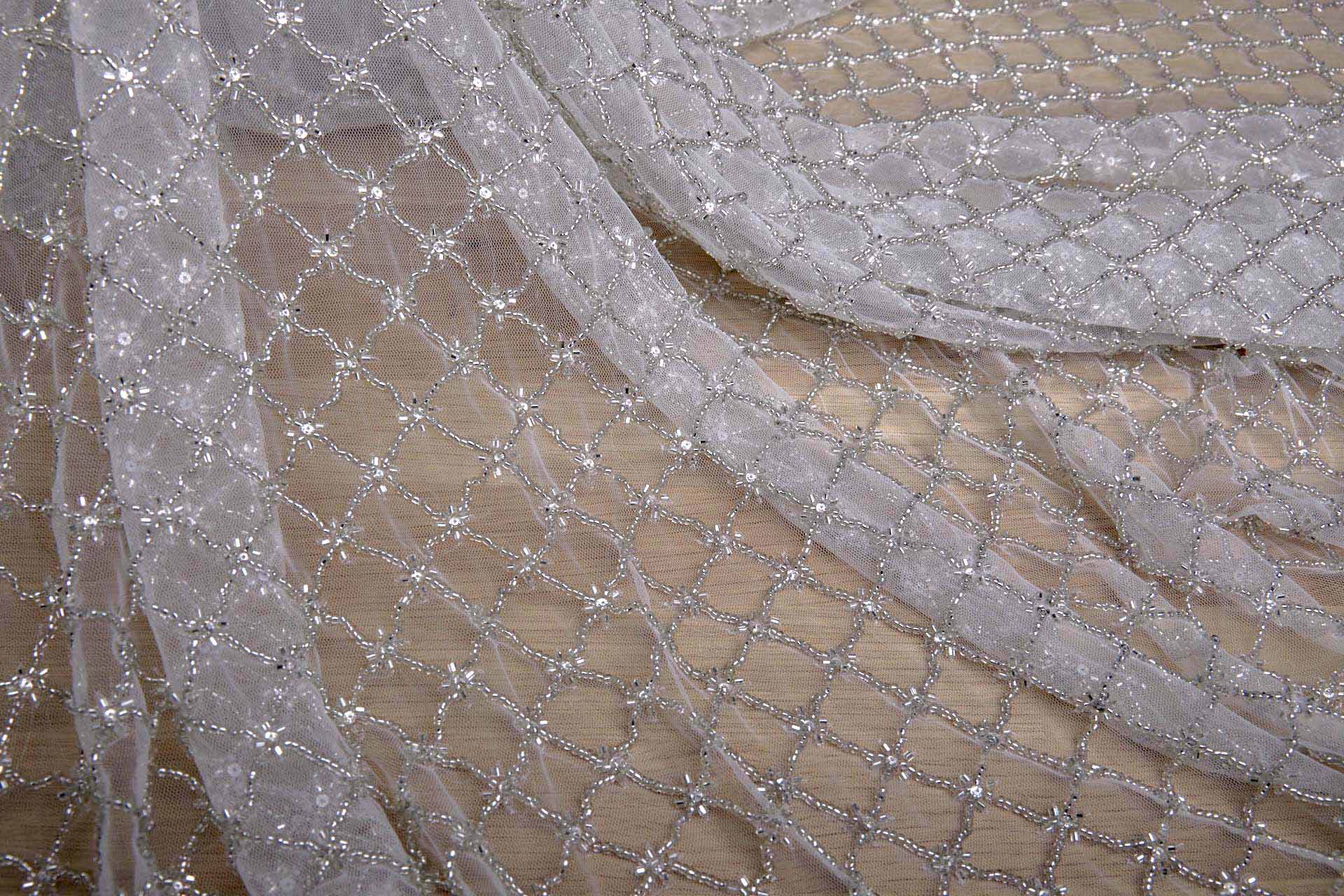 Beaded Large Fishnet Design on Tulle - Silver fabric