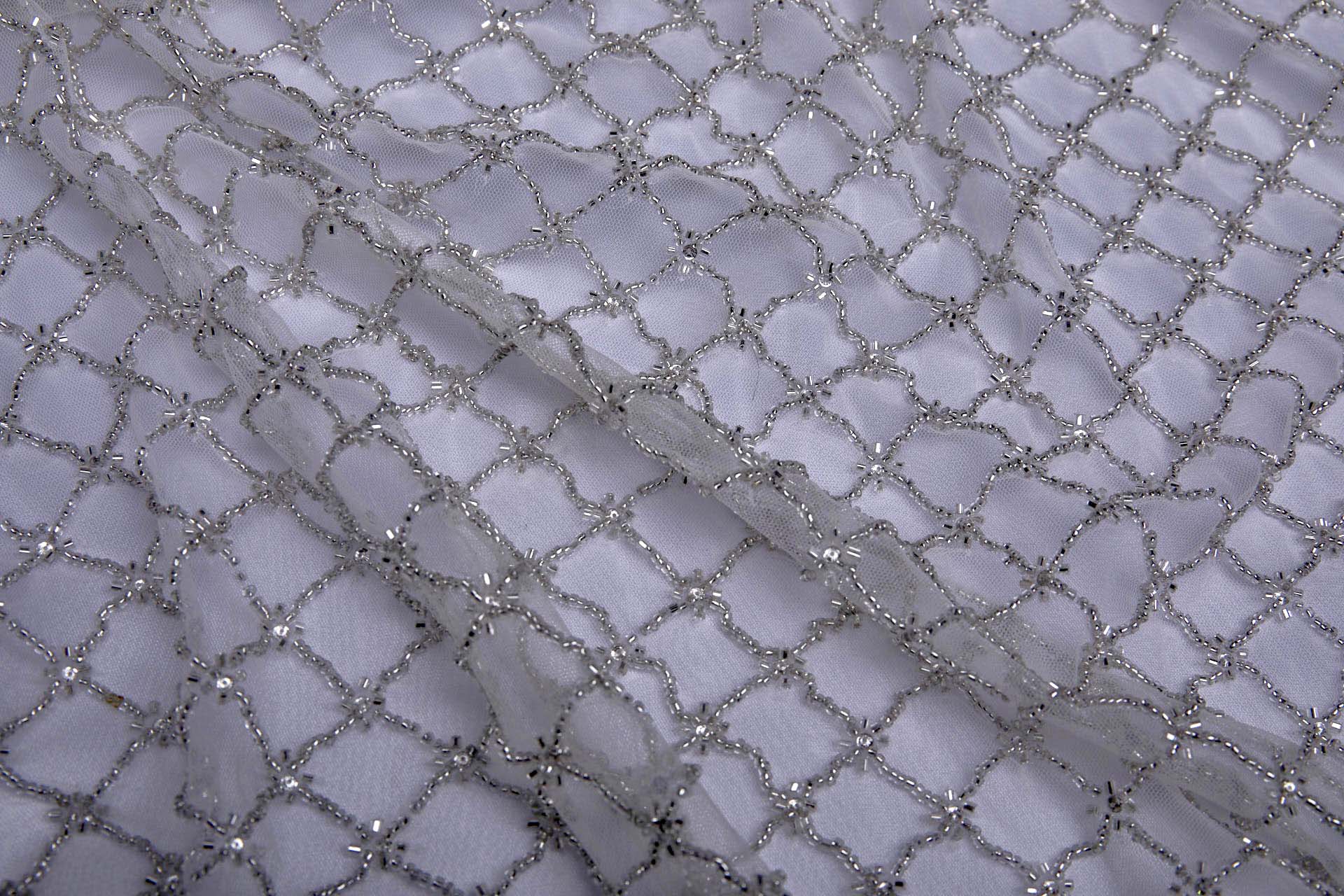 Beaded Large Fishnet Design on Tulle - Silver fabric, image 8 of 11