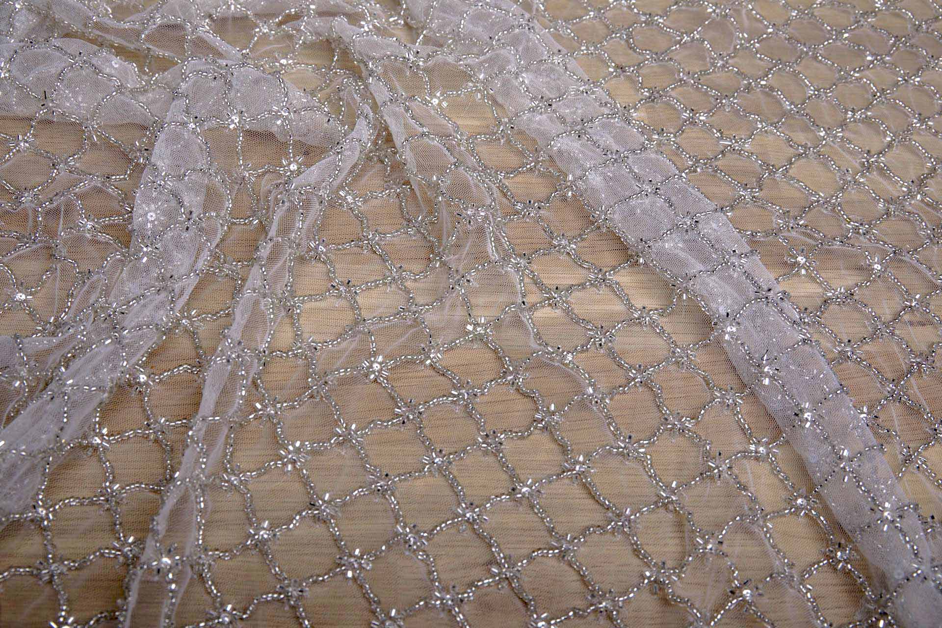 Beaded Large Fishnet Design on Tulle - Silver fabric, image 11 of 11