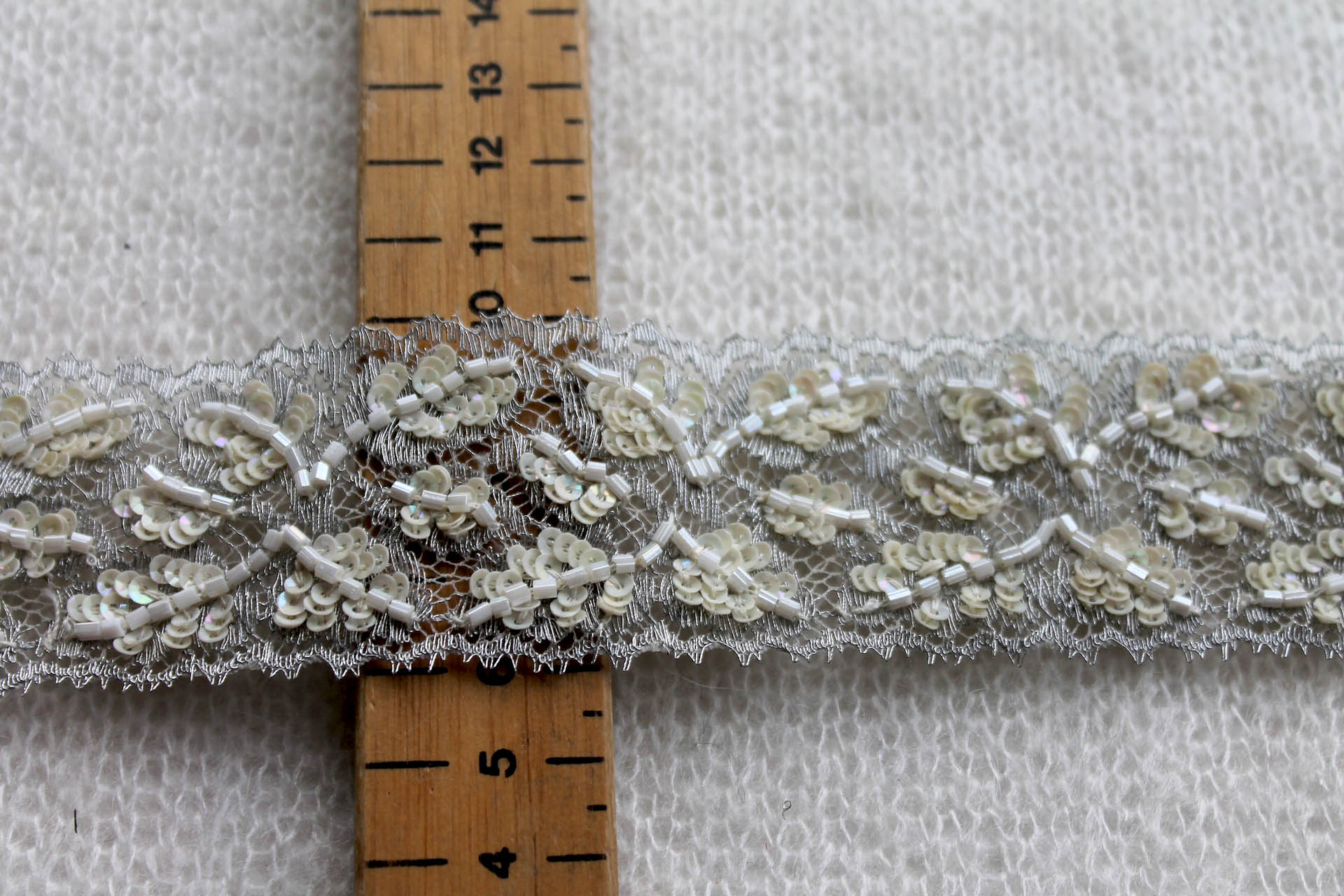 Beaded and Sequinned Lace Trim - Silver / Cream, image 2 of 6