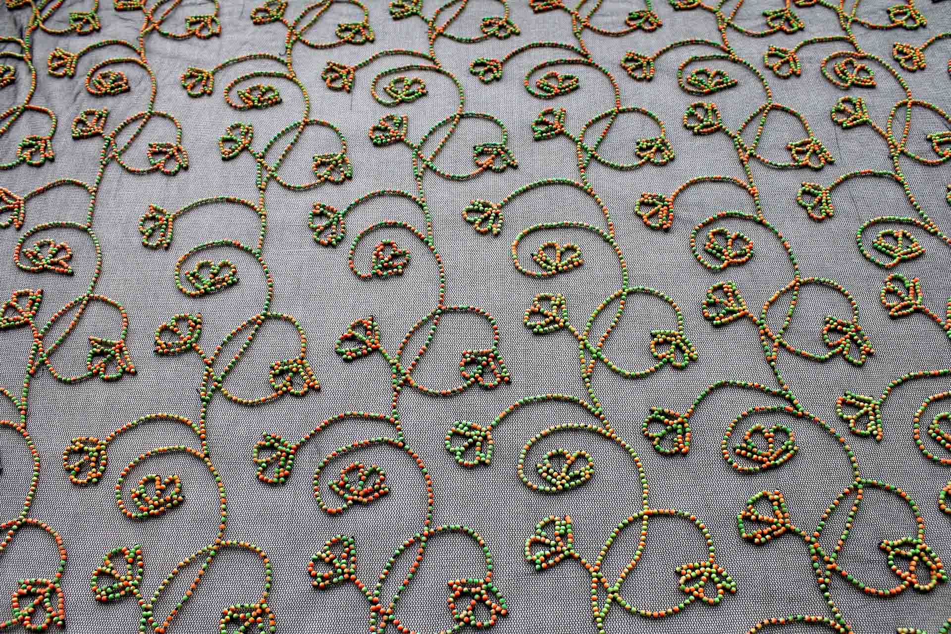 Black Tulle Beading with Double Tone Green and Orange Beads fabric, image 3 of 5