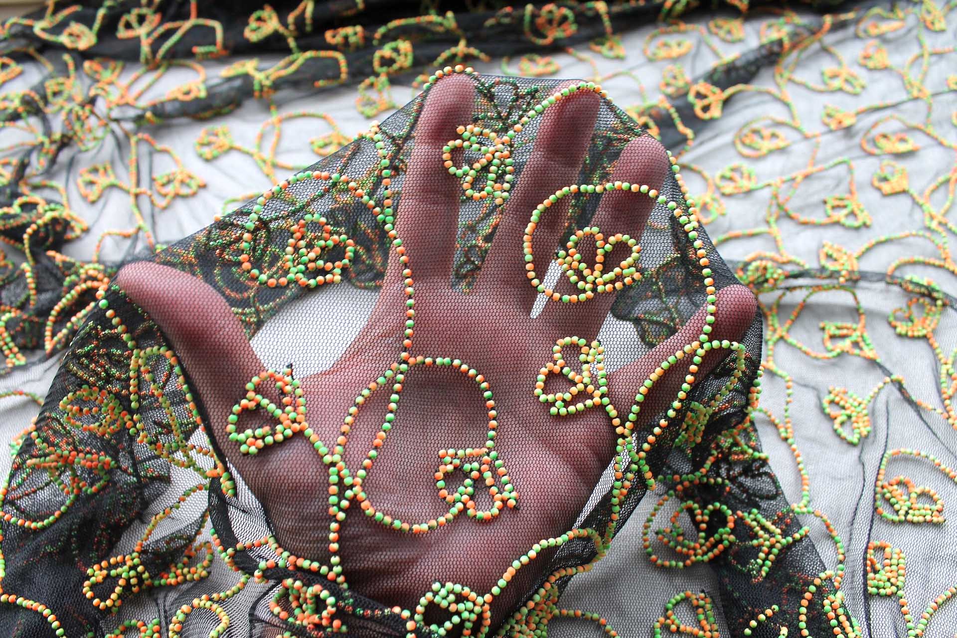 Black Tulle Beading with Double Tone Green and Orange Beads fabric, image 4 of 5