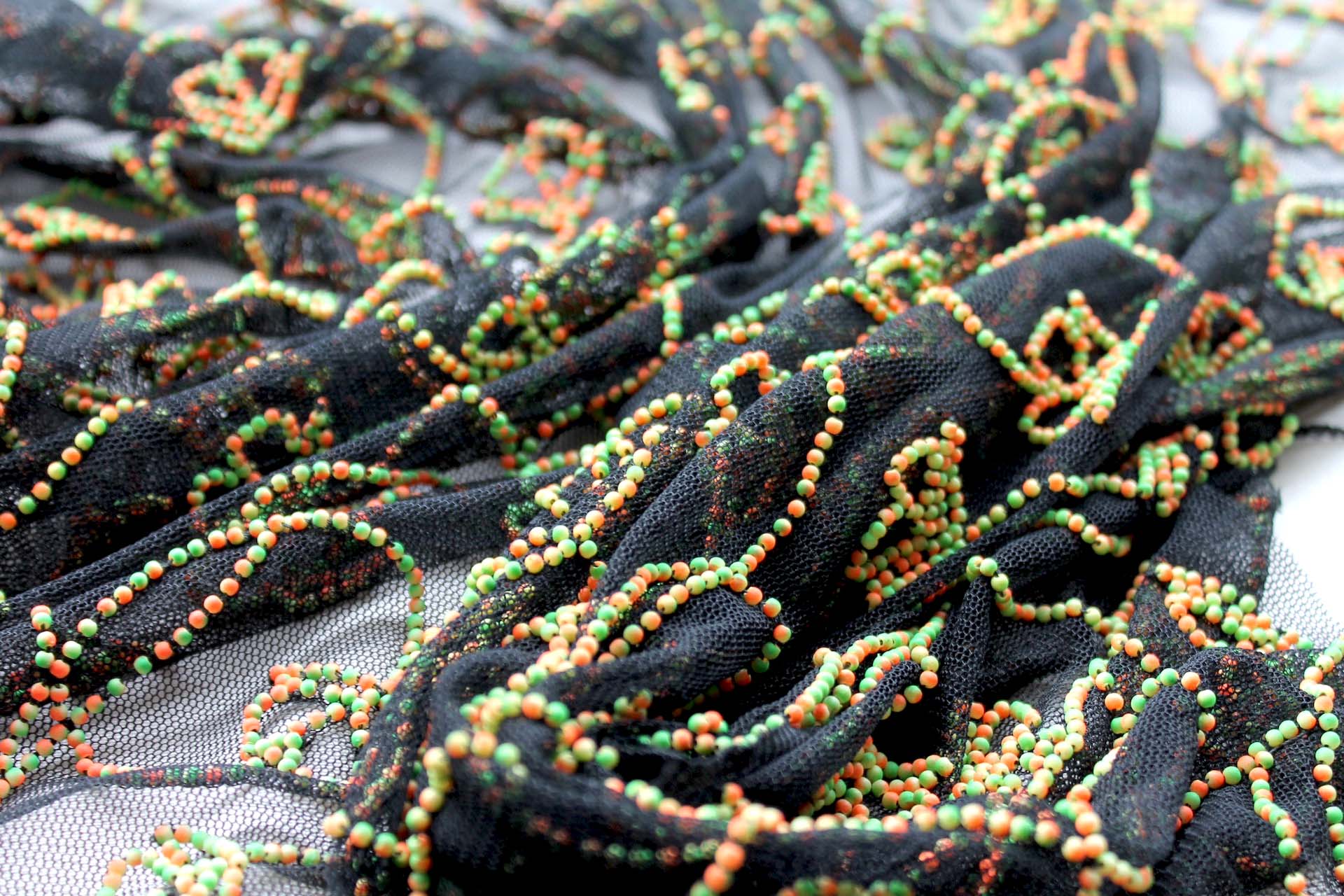 Black Tulle Beading with Double Tone Green and Orange Beads fabric, image 5 of 5