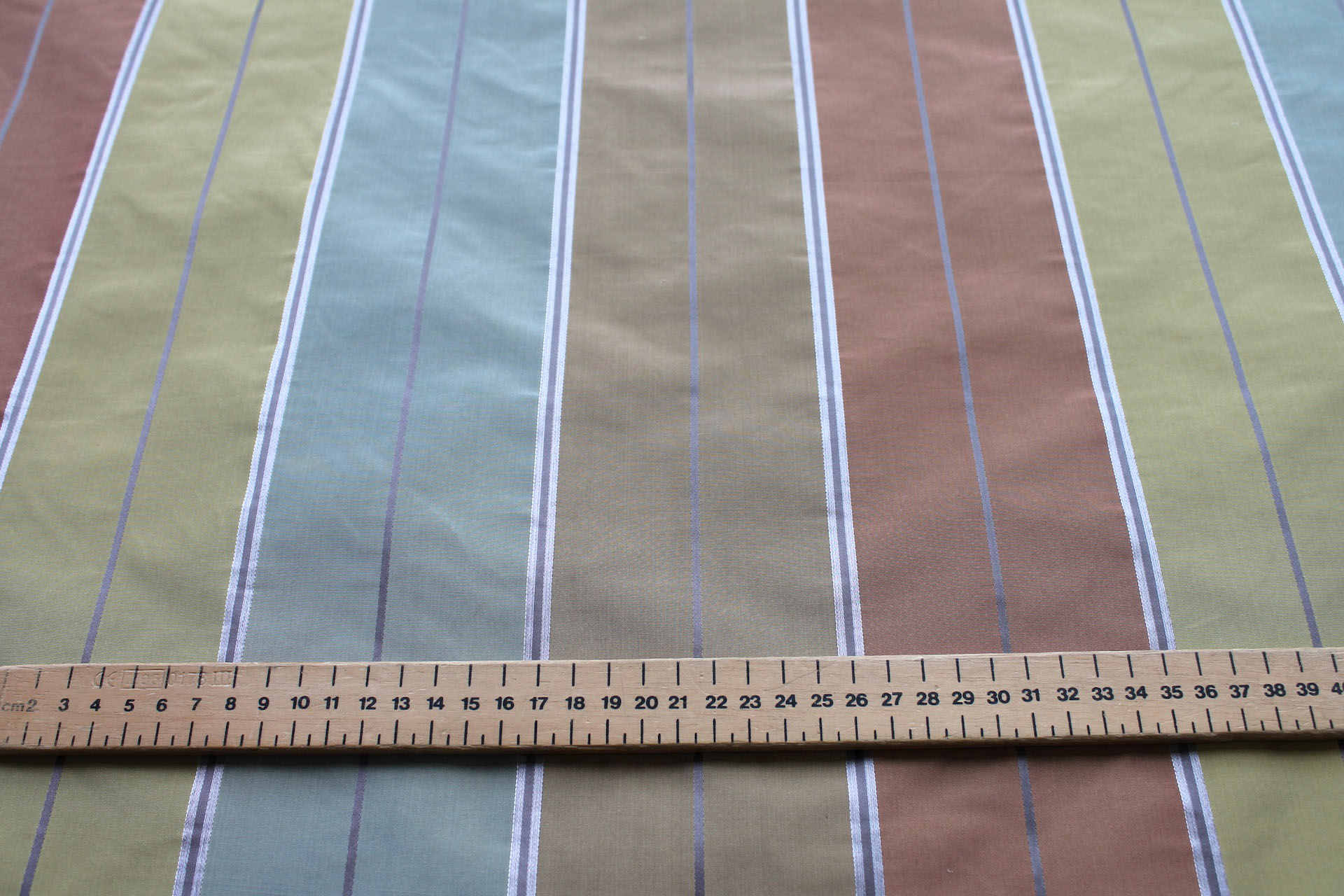 Blue, Gold, Rust and Green Wide Striped Taffeta fabric, image 3 of 7