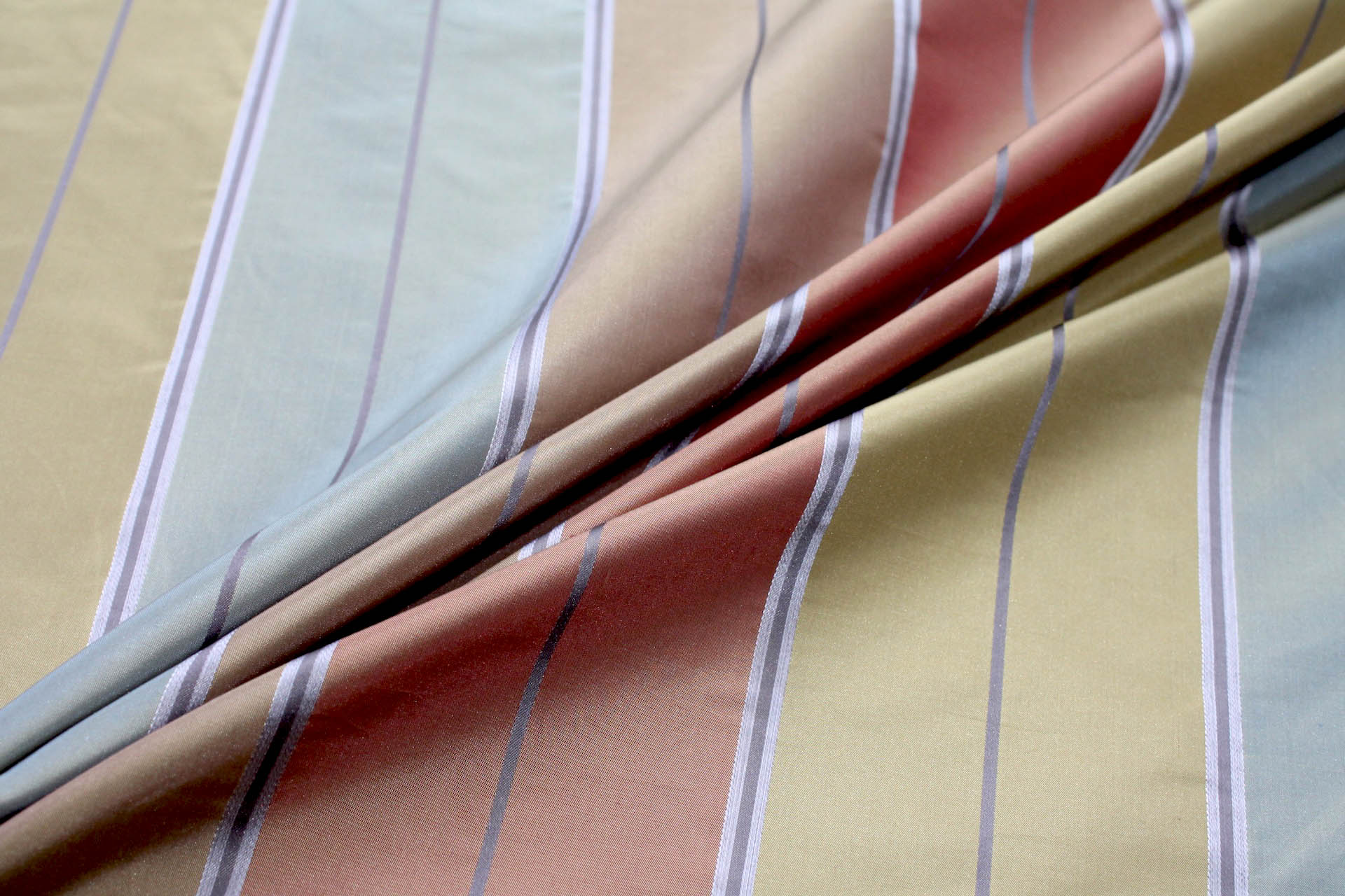 Blue, Gold, Rust and Green Wide Striped Taffeta fabric, image 4 of 7