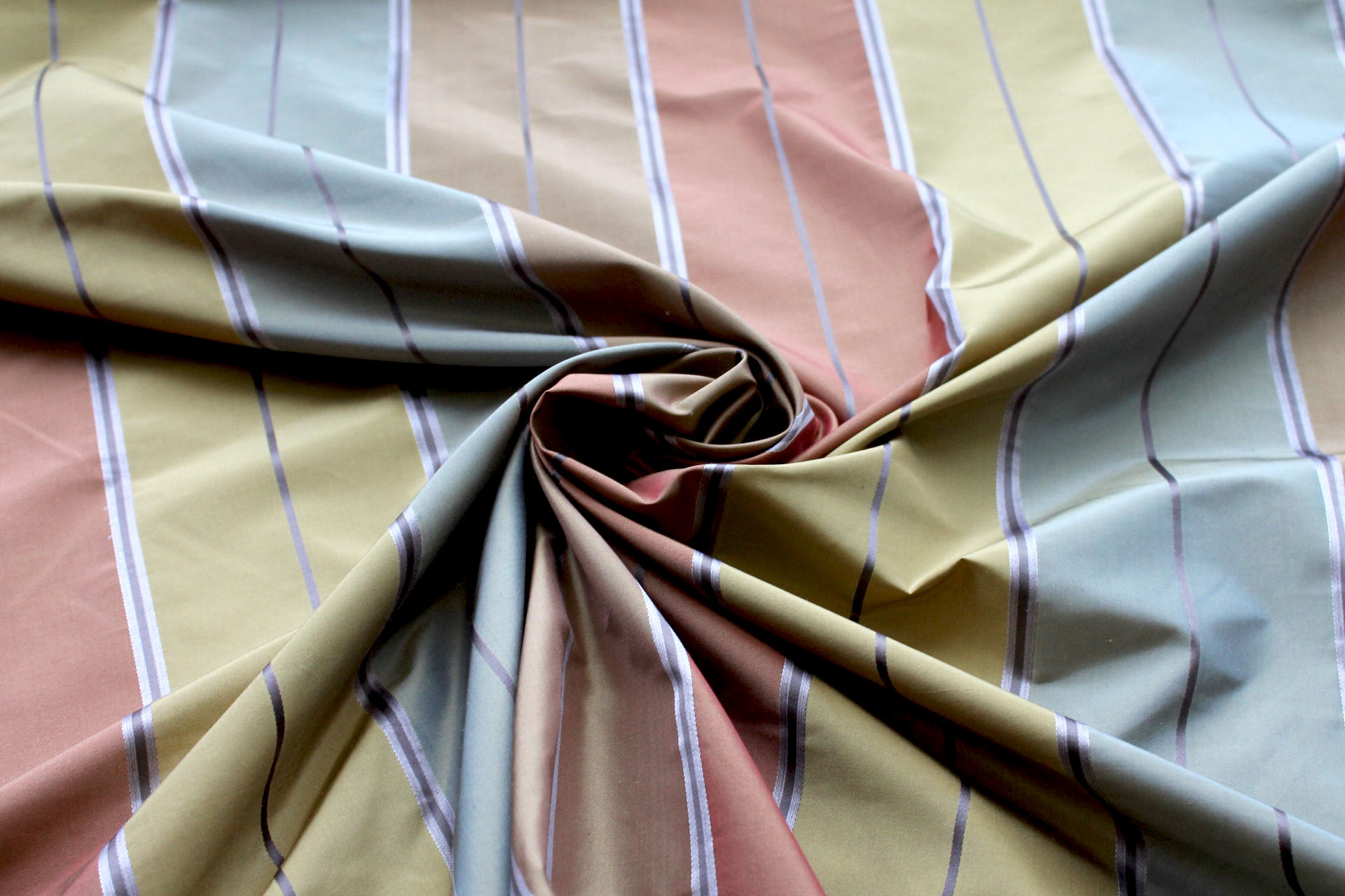 Blue, Gold, Rust and Green Wide Striped Taffeta fabric