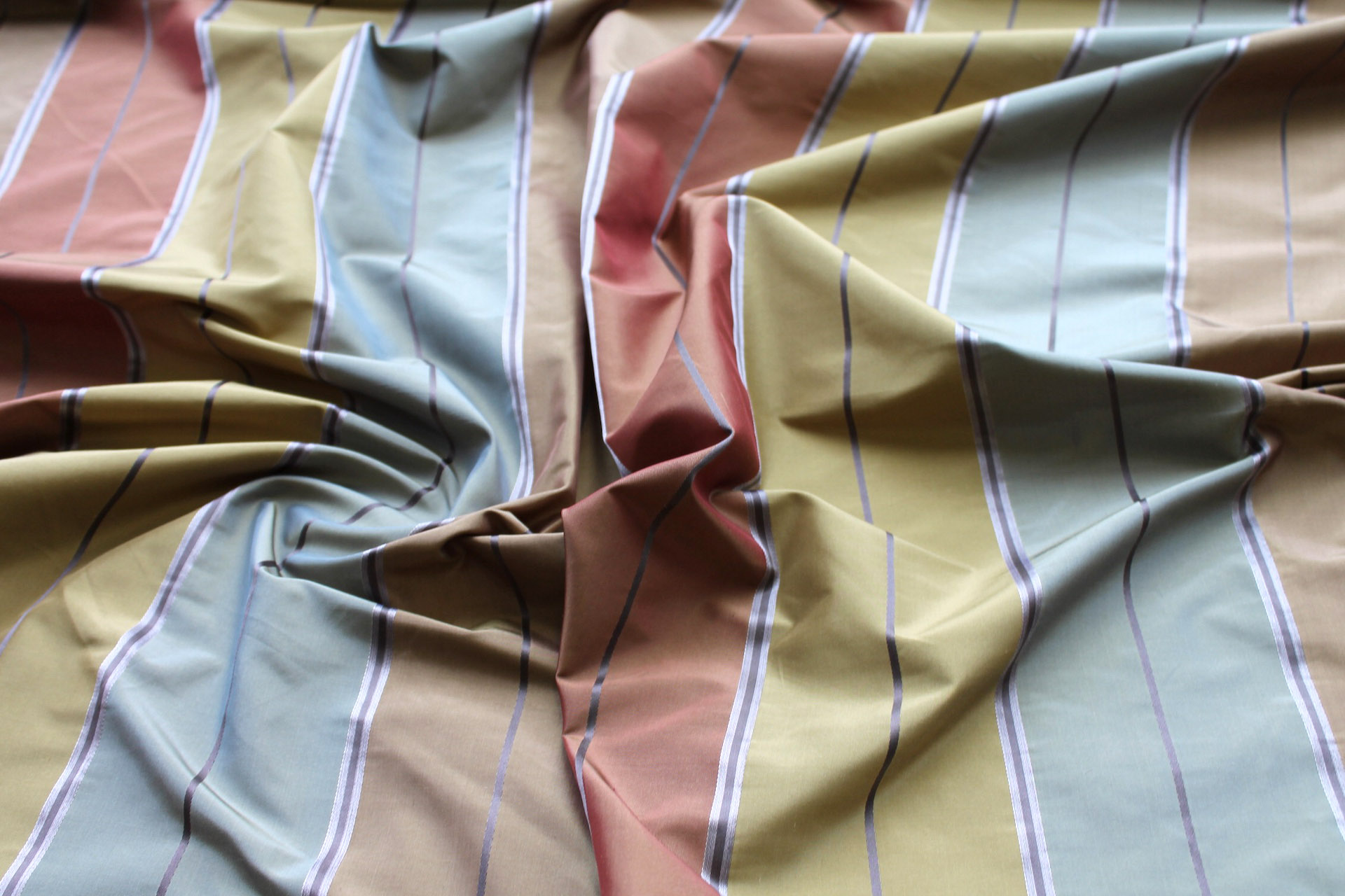 Blue, Gold, Rust and Green Wide Striped Taffeta fabric, image 5 of 7