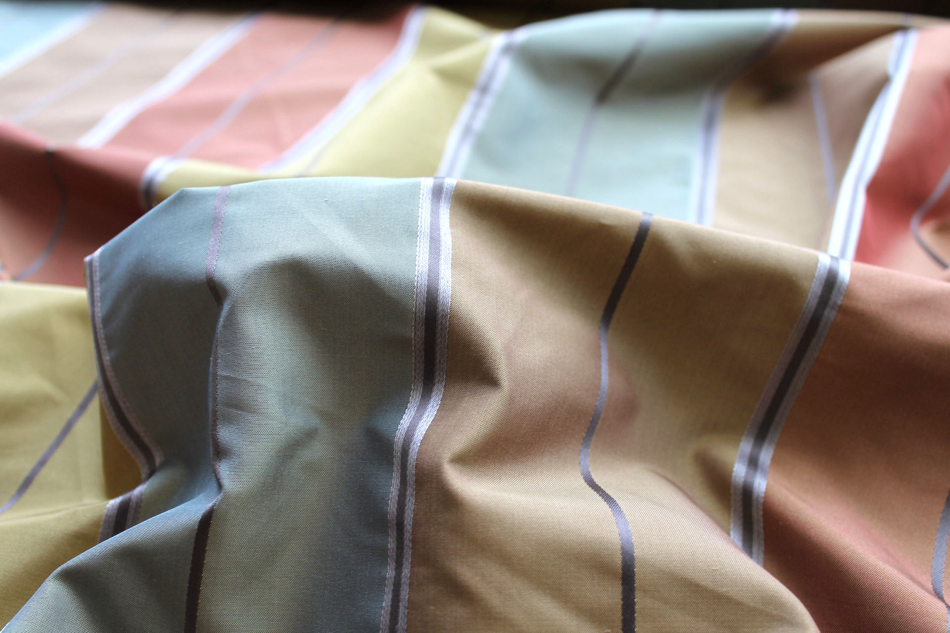Blue, Gold, Rust and Green Wide Striped Taffeta fabric, image 6 of 7