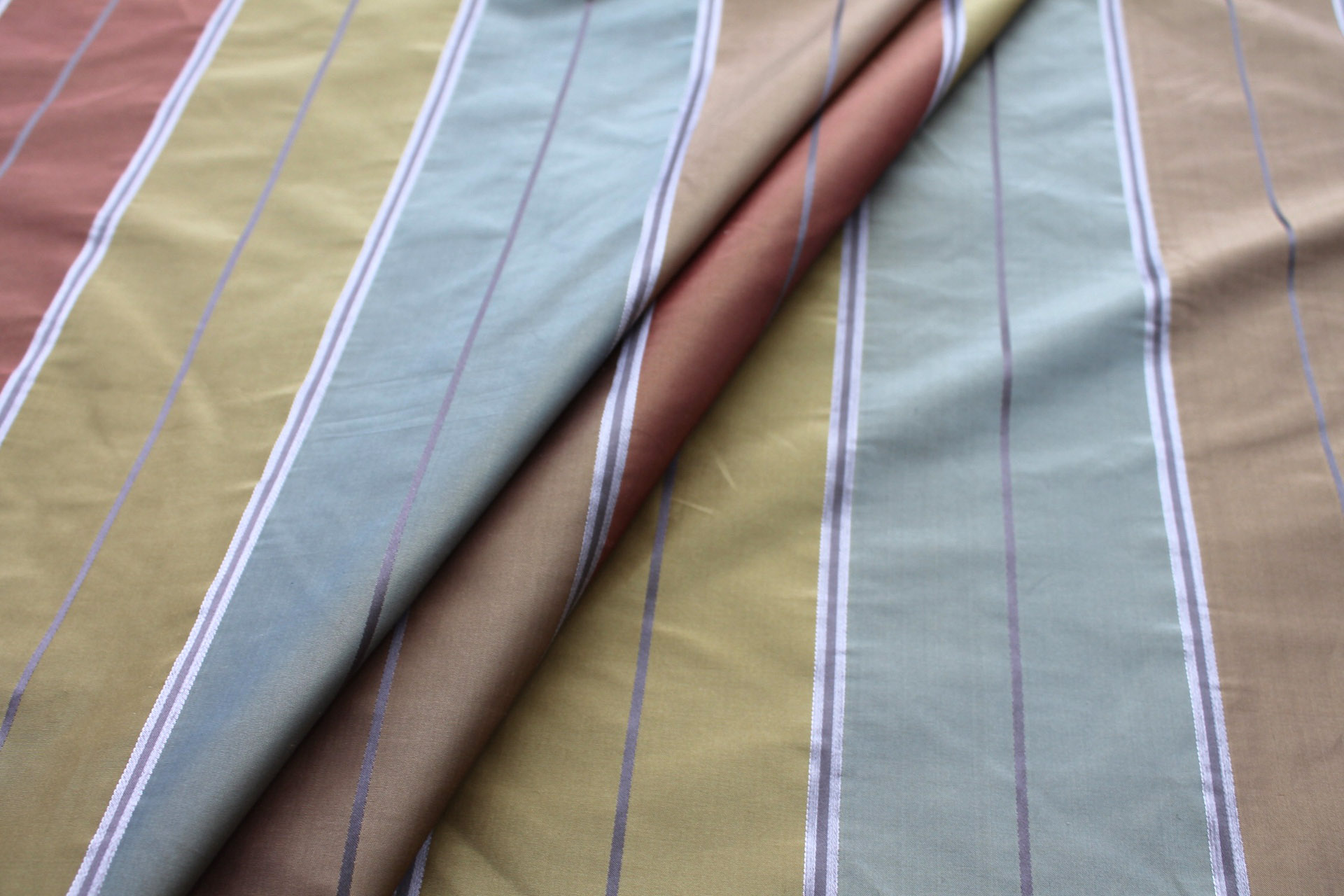 Blue, Gold, Rust and Green Wide Striped Taffeta fabric, image 7 of 7