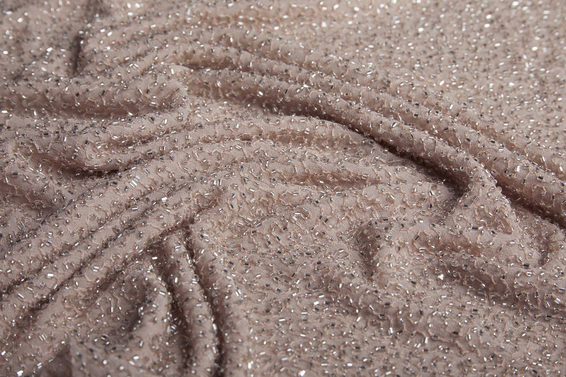 Beaded Silk Chiffon - Nude with Silver Beads fabric