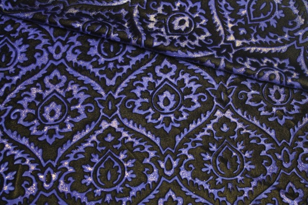 Embossed Viscose Velvet - Royal Blue on Yellow and Gold Foil fabric, image 3 of 6