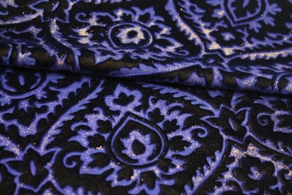Embossed Viscose Velvet - Royal Blue on Yellow and Gold Foil fabric, image 2 of 6