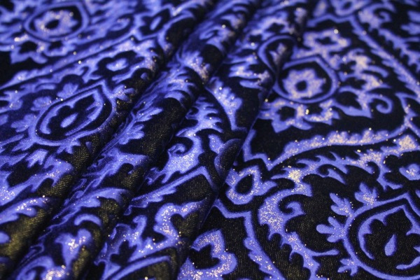 Embossed Viscose Velvet - Royal Blue on Yellow and Gold Foil fabric, image 5 of 6