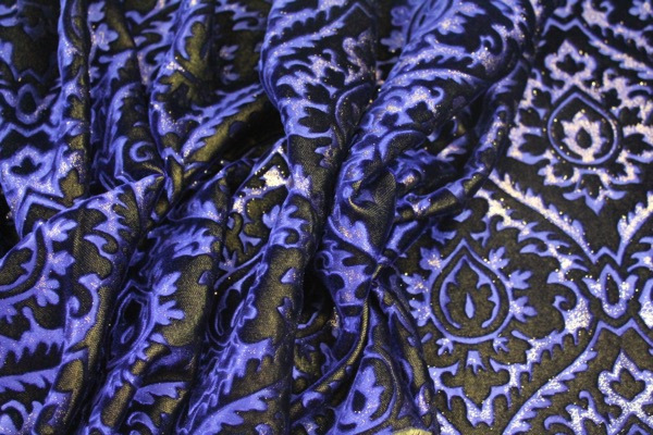 Embossed Viscose Velvet - Royal Blue on Yellow and Gold Foil fabric, image 6 of 6